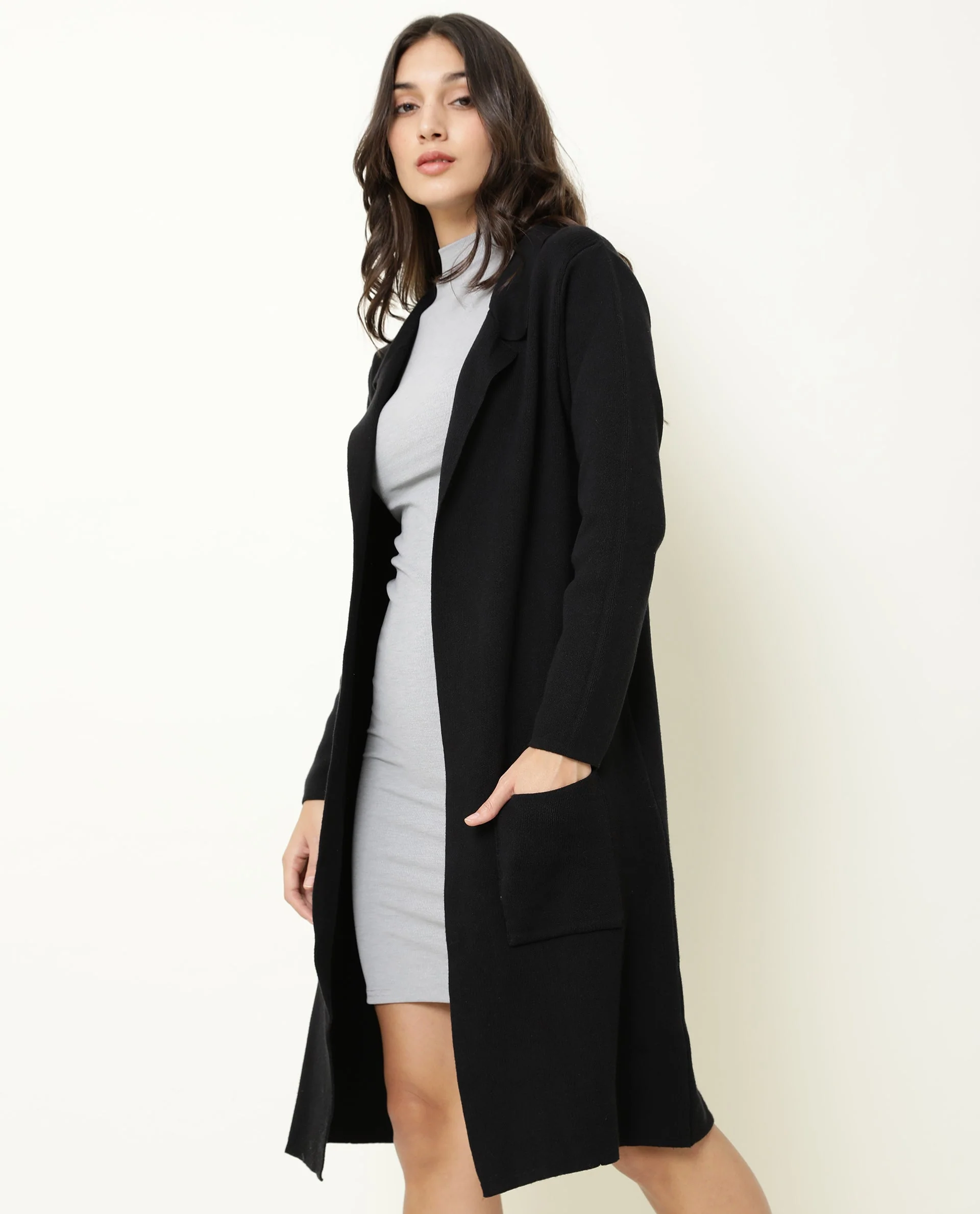 Rareism Women's Trident Black Cotton Lapel Neck Plain Knee Length Regular Fit Sweater
