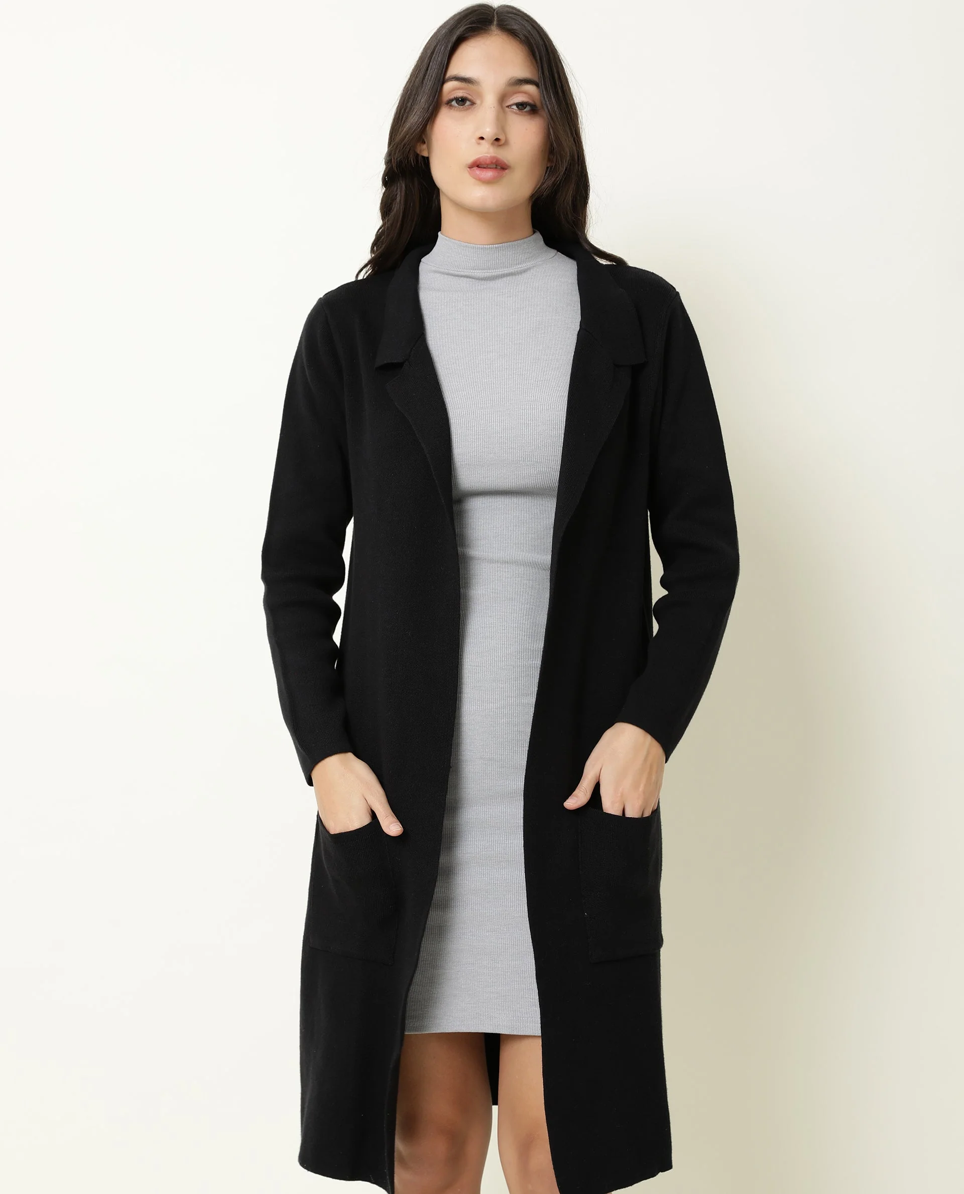 Rareism Women's Trident Black Cotton Lapel Neck Plain Knee Length Regular Fit Sweater - Image 4