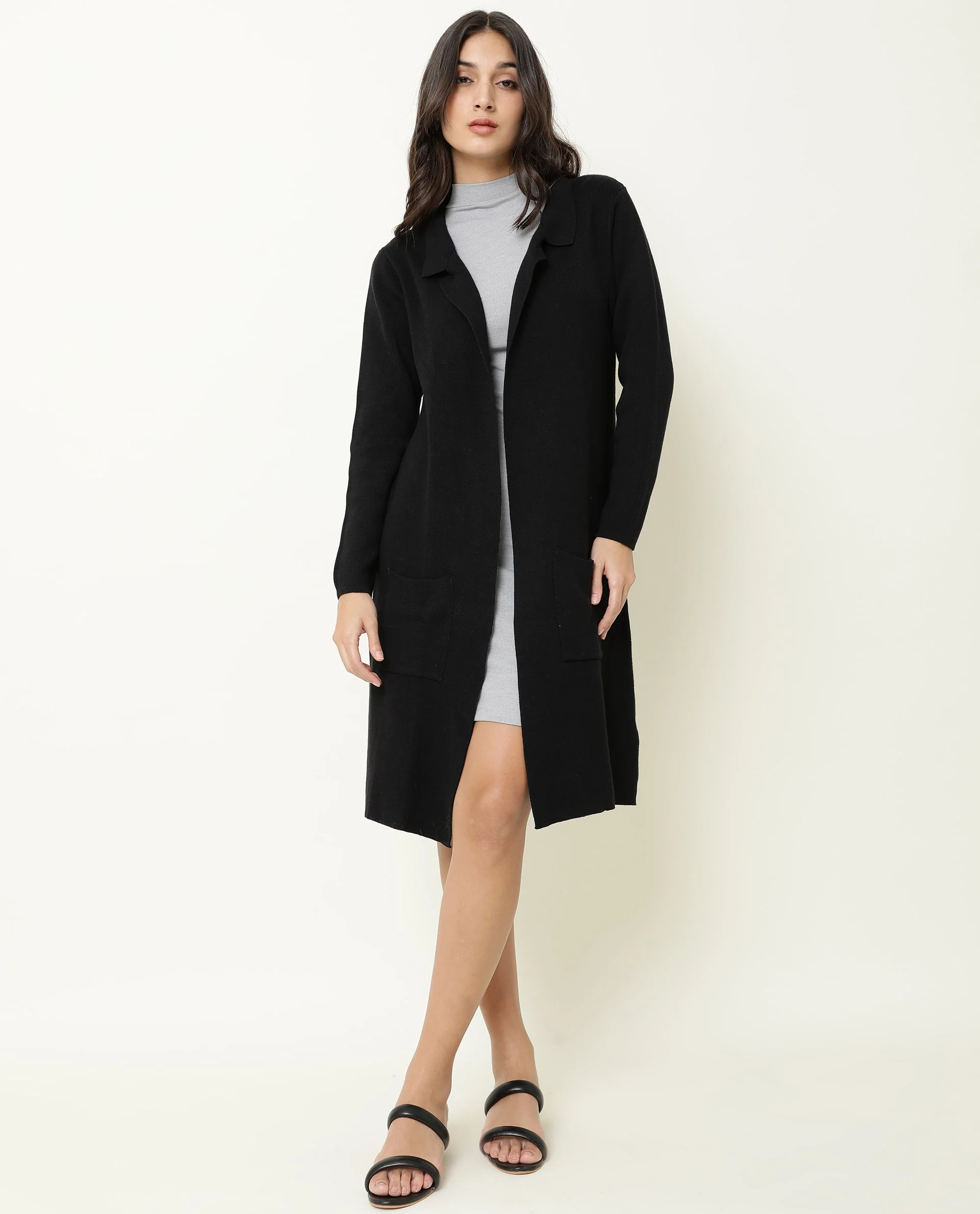 Rareism Women's Trident Black Cotton Lapel Neck Plain Knee Length Regular Fit Sweater - Image 5