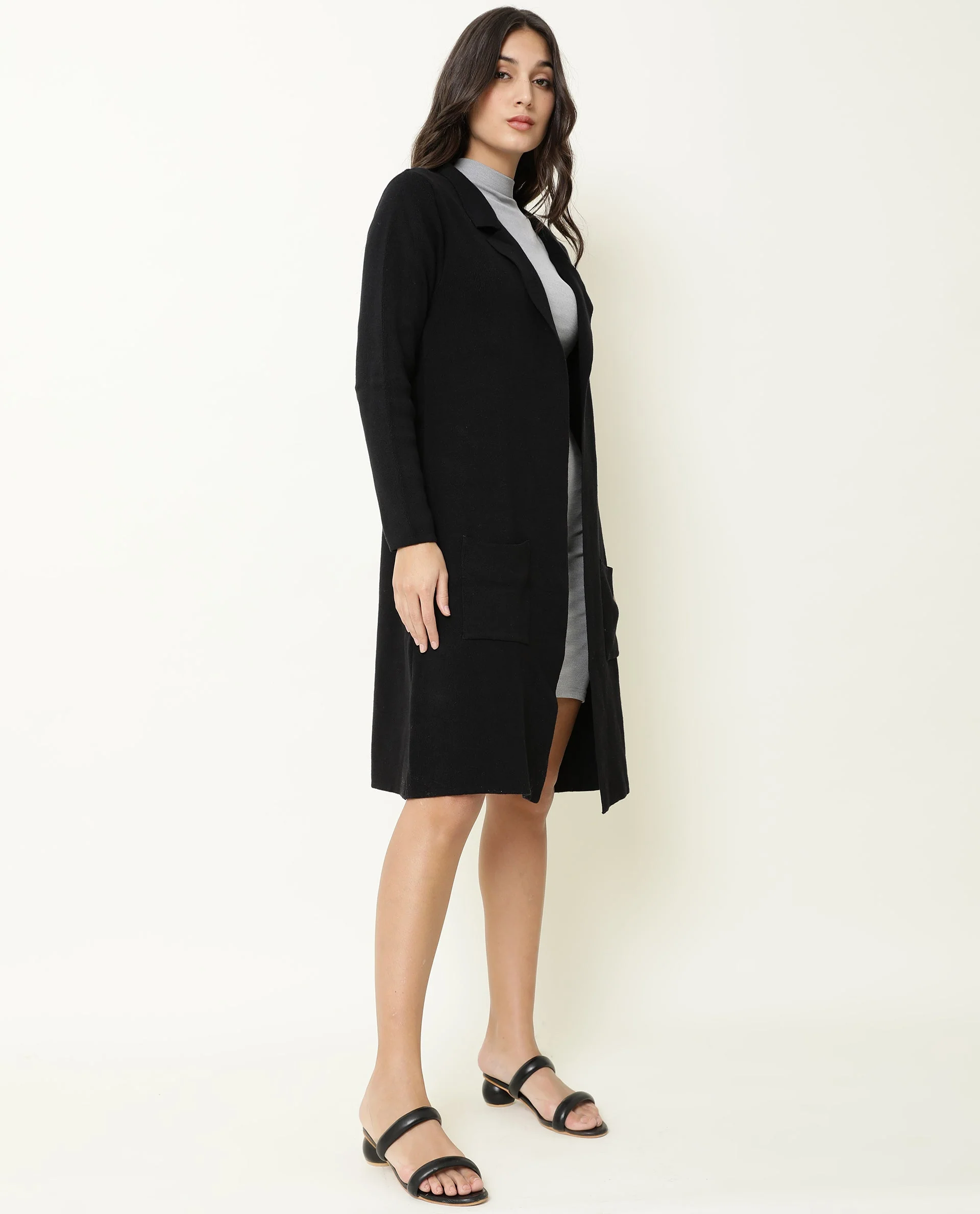 Rareism Women's Trident Black Cotton Lapel Neck Plain Knee Length Regular Fit Sweater - Image 6