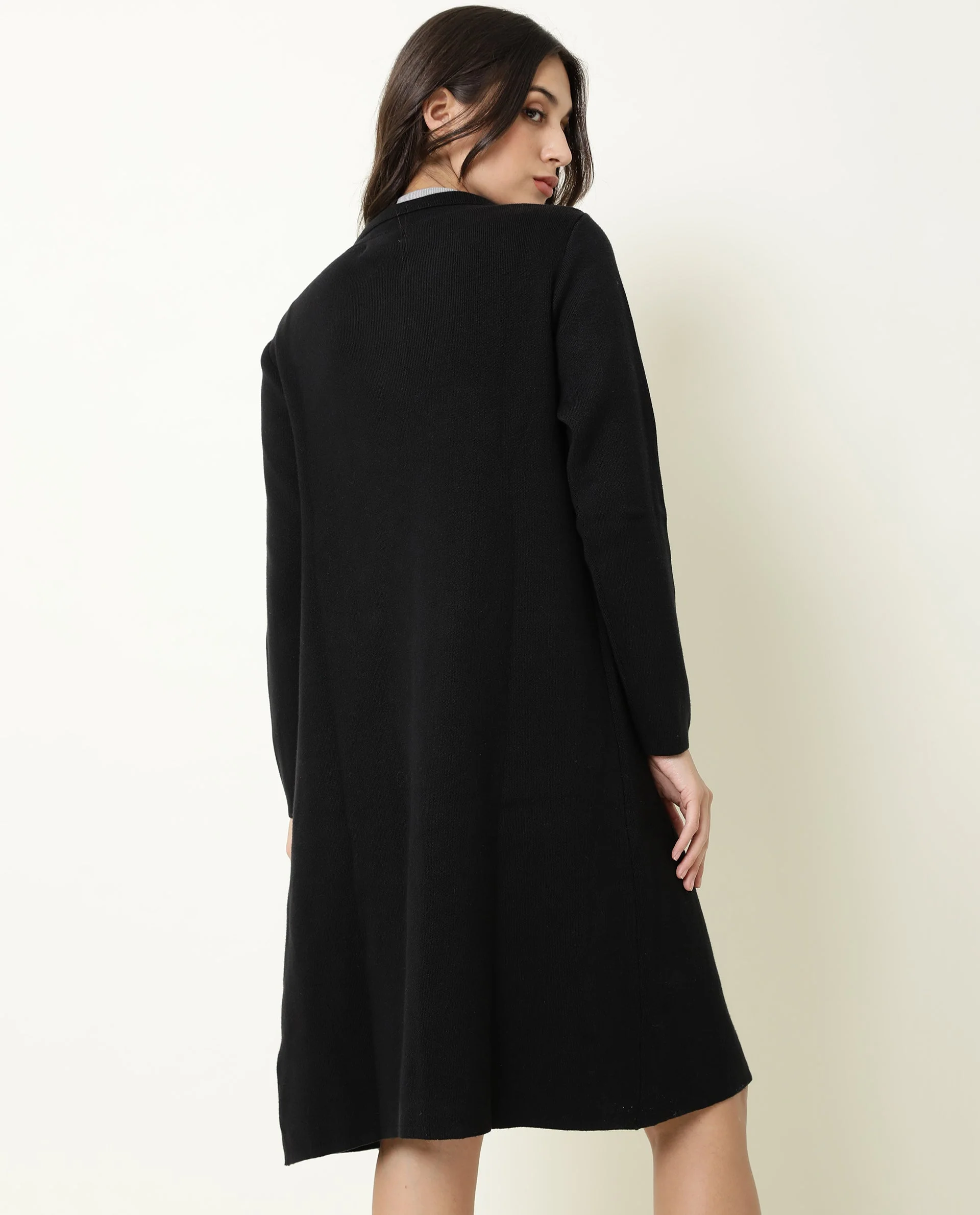 Rareism Women's Trident Black Cotton Lapel Neck Plain Knee Length Regular Fit Sweater - Image 7