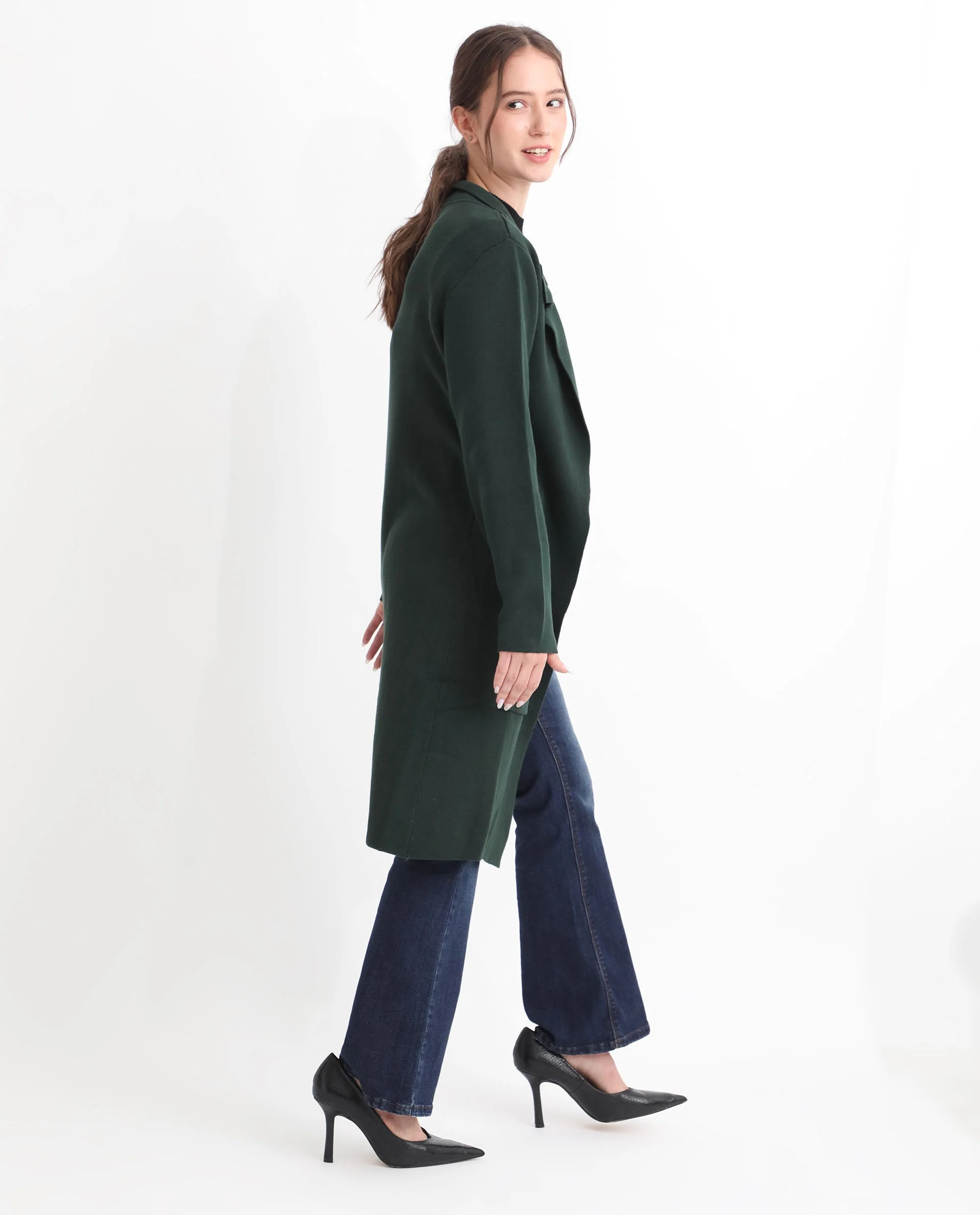 Rareism Women's Trident Green Cotton Lapel Neck Plain Knee Length Regular Fit Sweater - Image 10