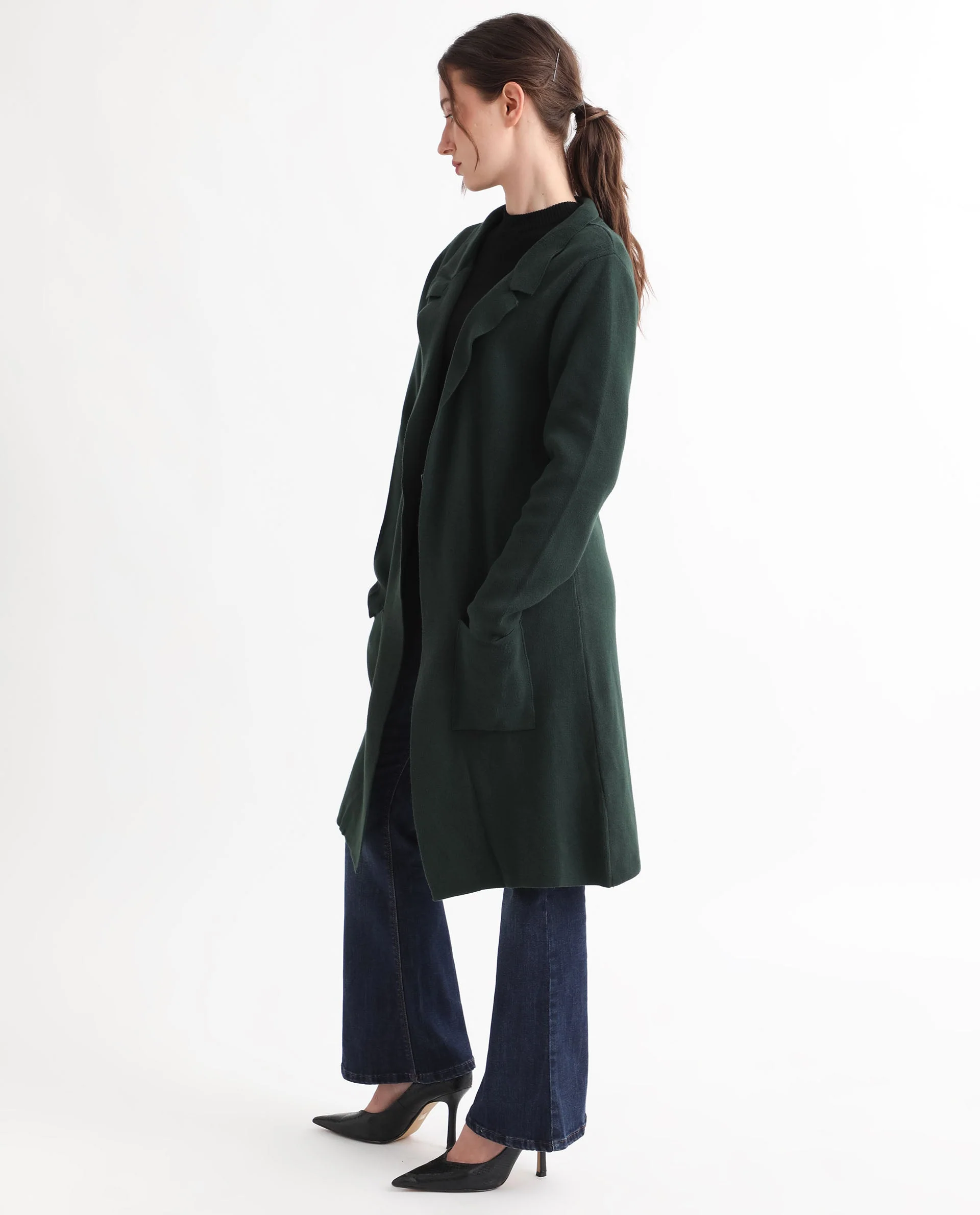 Rareism Women's Trident Green Cotton Lapel Neck Plain Knee Length Regular Fit Sweater - Image 11