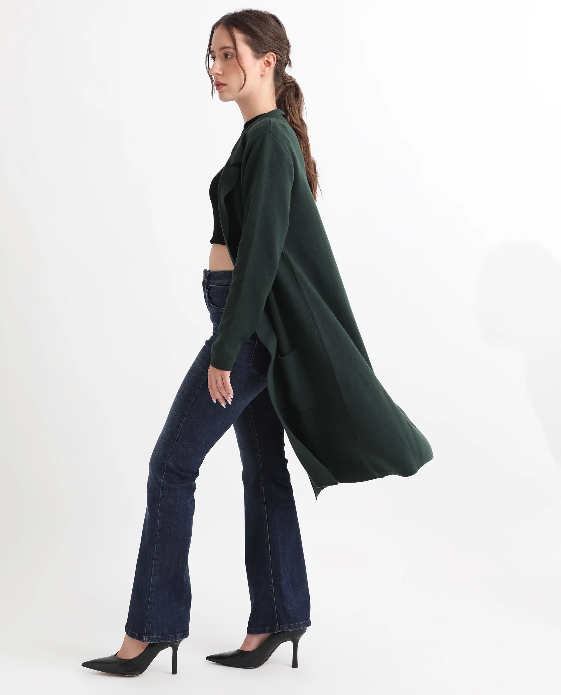 Rareism Women's Trident Green Cotton Lapel Neck Plain Knee Length Regular Fit Sweater - Image 12