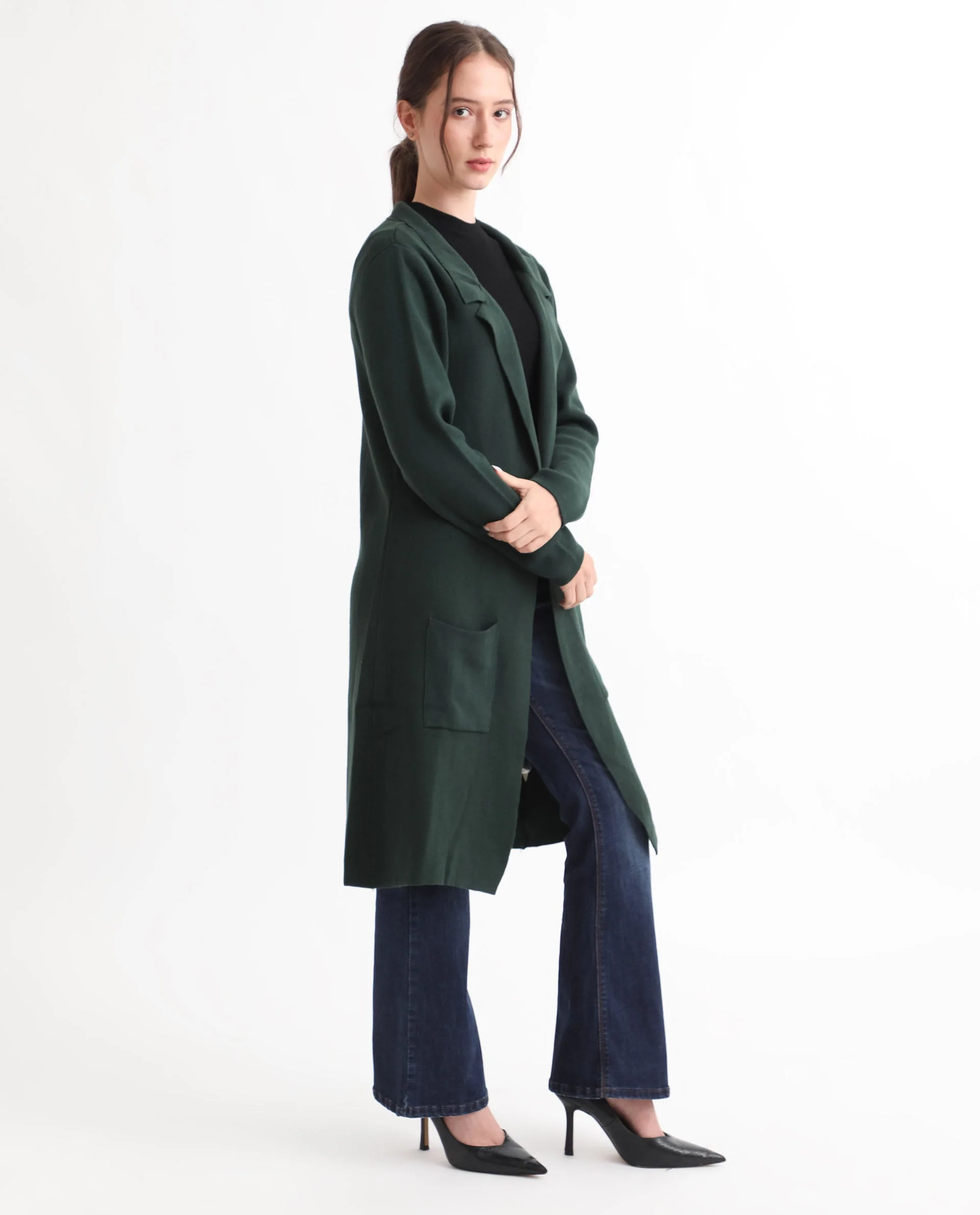 Rareism Women's Trident Green Cotton Lapel Neck Plain Knee Length Regular Fit Sweater - Image 13