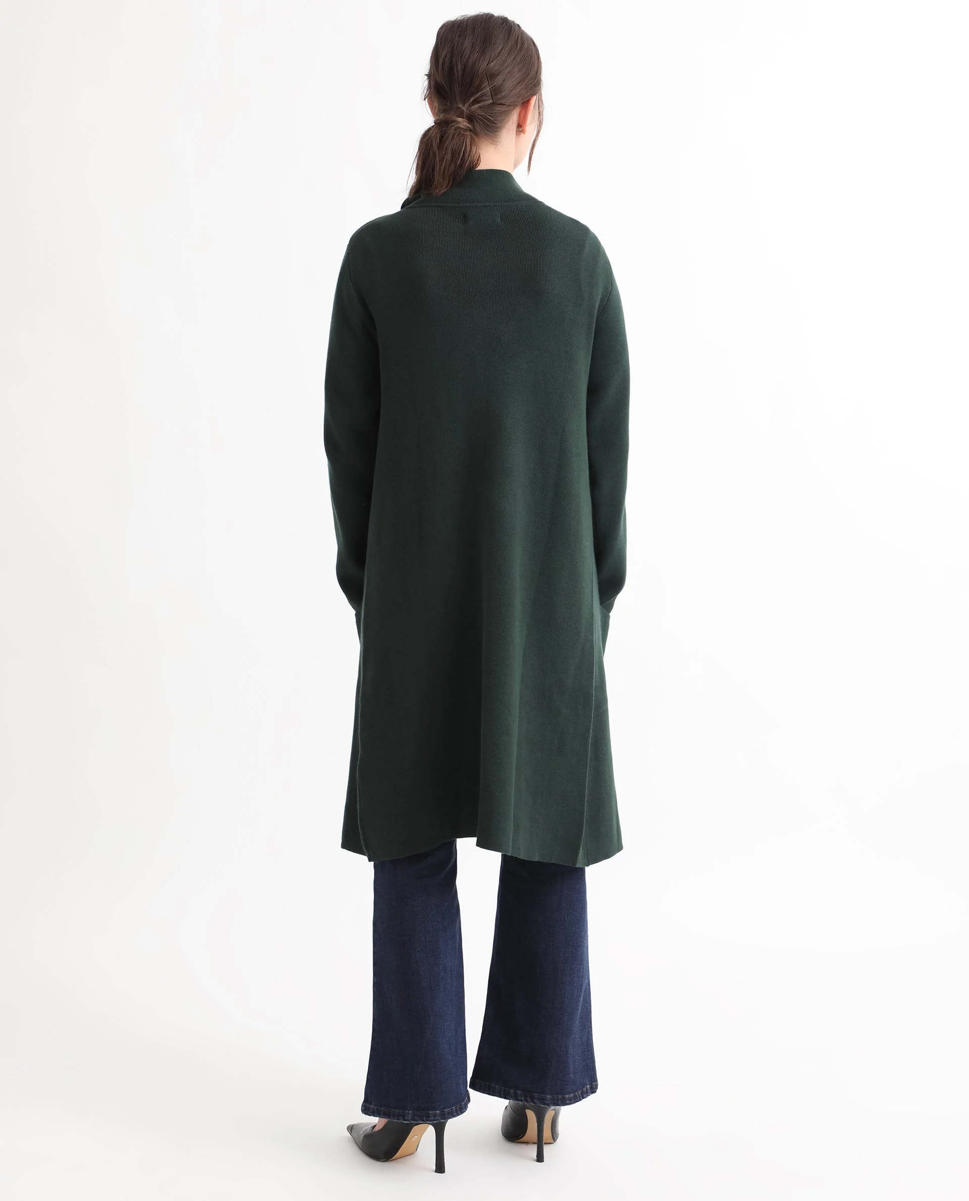 Rareism Women's Trident Green Cotton Lapel Neck Plain Knee Length Regular Fit Sweater - Image 14