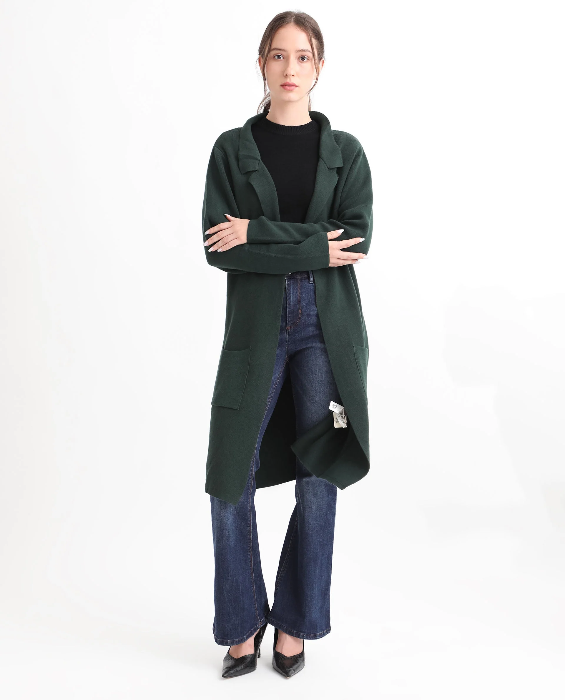 Rareism Women's Trident Green Cotton Lapel Neck Plain Knee Length Regular Fit Sweater - Image 3