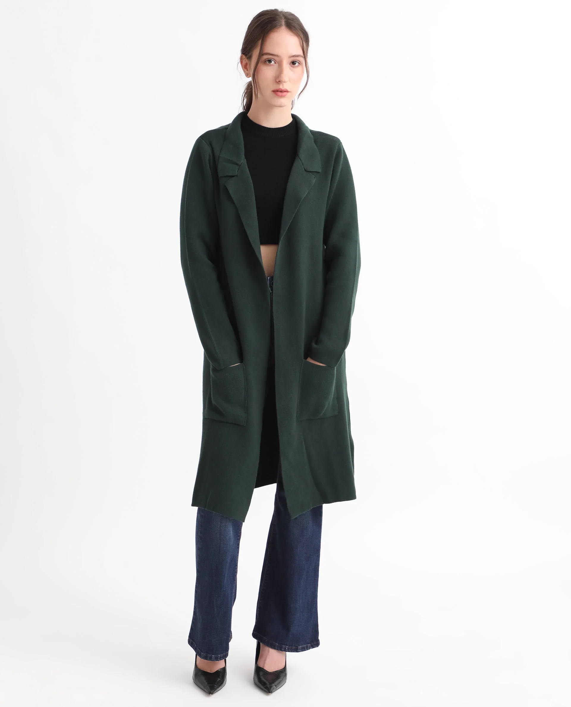 Rareism Women's Trident Green Cotton Lapel Neck Plain Knee Length Regular Fit Sweater - Image 4