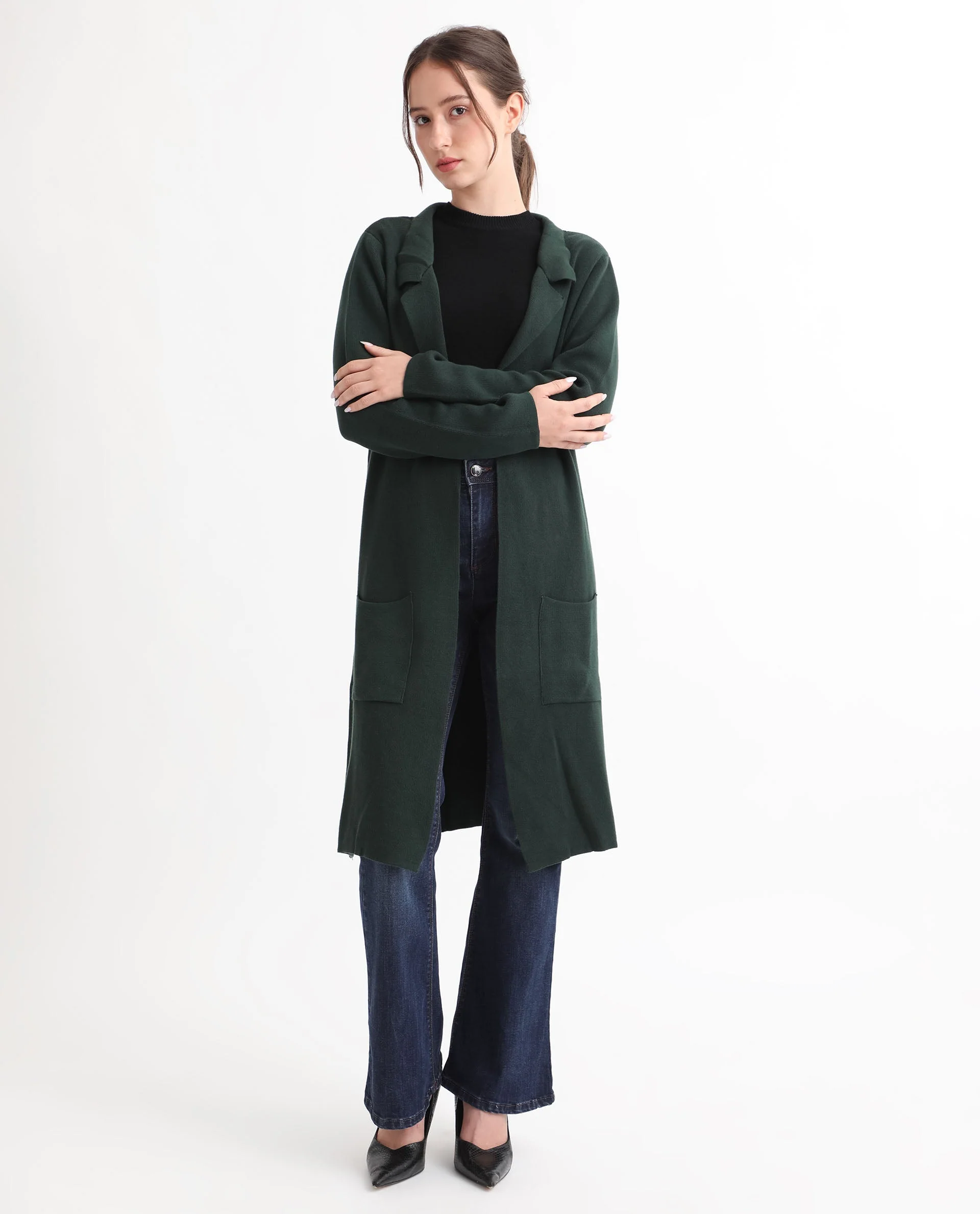 Rareism Women's Trident Green Cotton Lapel Neck Plain Knee Length Regular Fit Sweater - Image 5