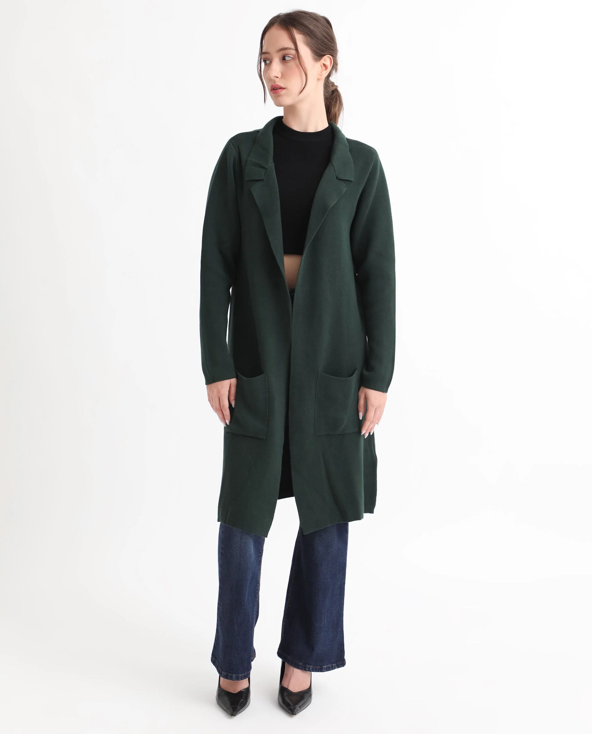 Rareism Women's Trident Green Cotton Lapel Neck Plain Knee Length Regular Fit Sweater - Image 6