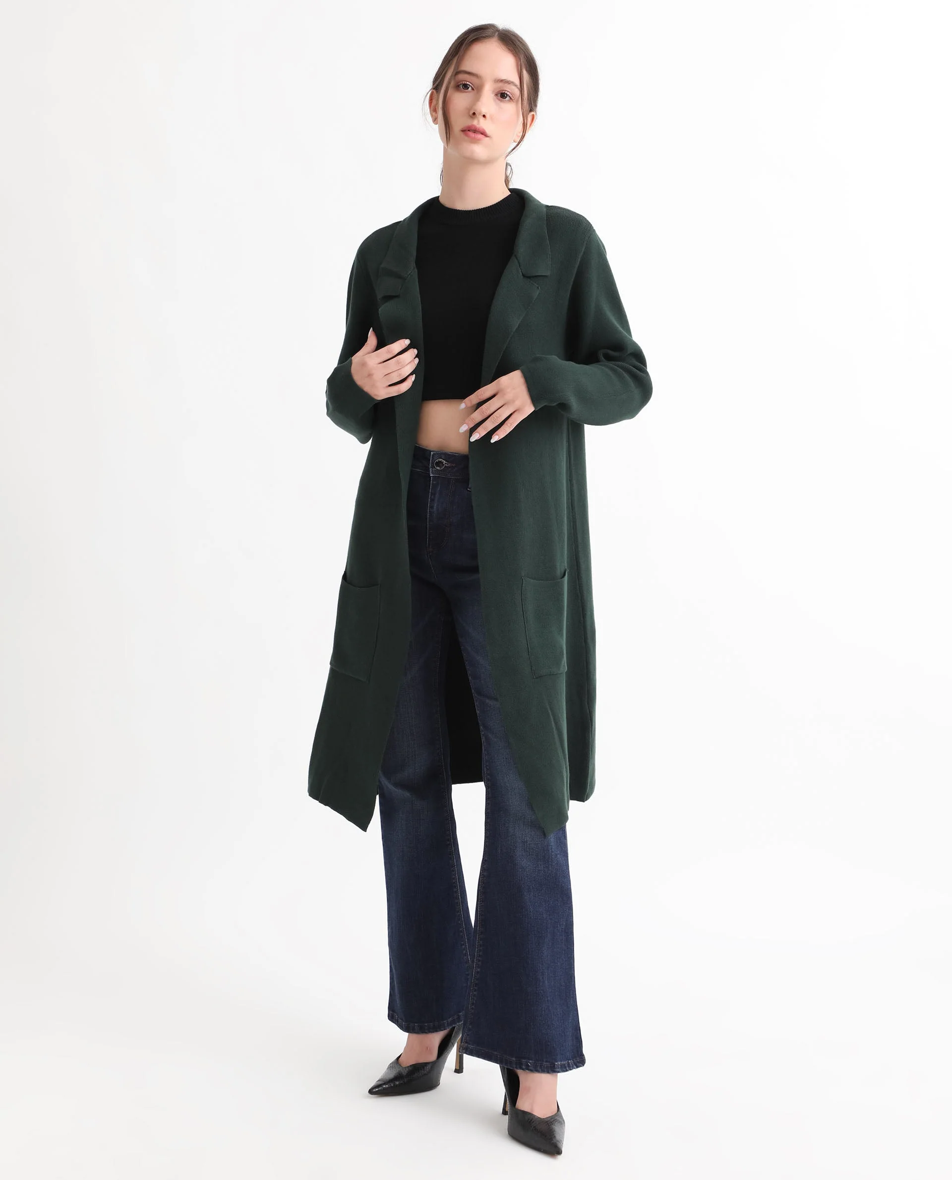 Rareism Women's Trident Green Cotton Lapel Neck Plain Knee Length Regular Fit Sweater - Image 7