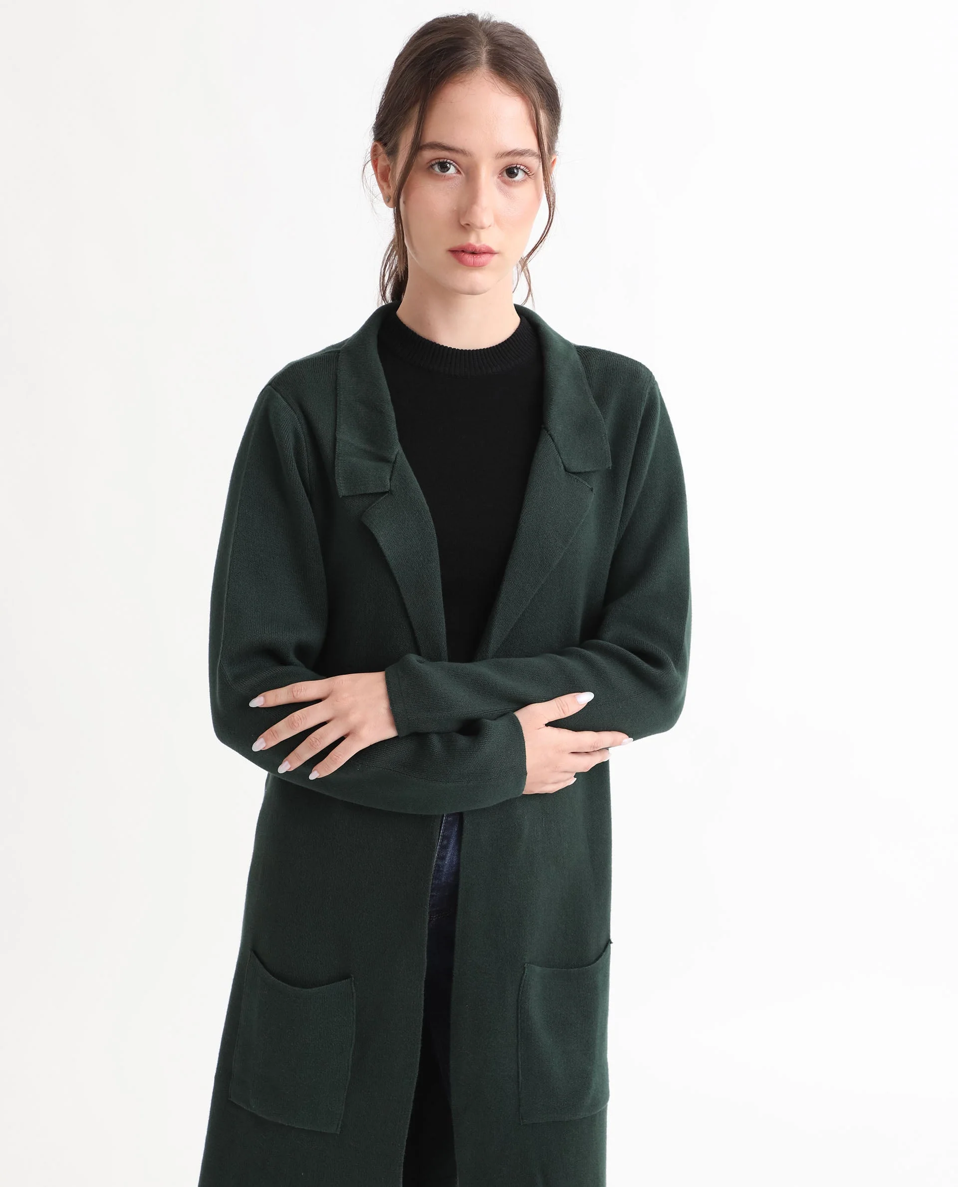 Rareism Women's Trident Green Cotton Lapel Neck Plain Knee Length Regular Fit Sweater - Image 8