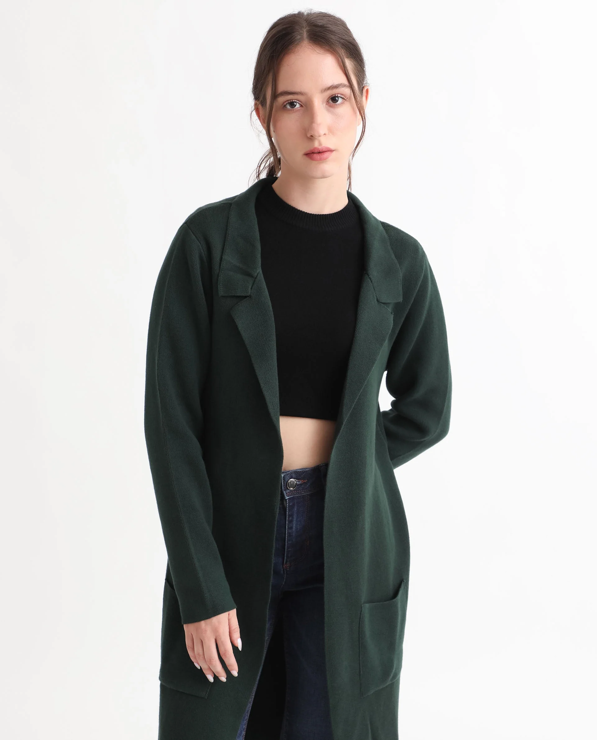 Rareism Women's Trident Green Cotton Lapel Neck Plain Knee Length Regular Fit Sweater - Image 9