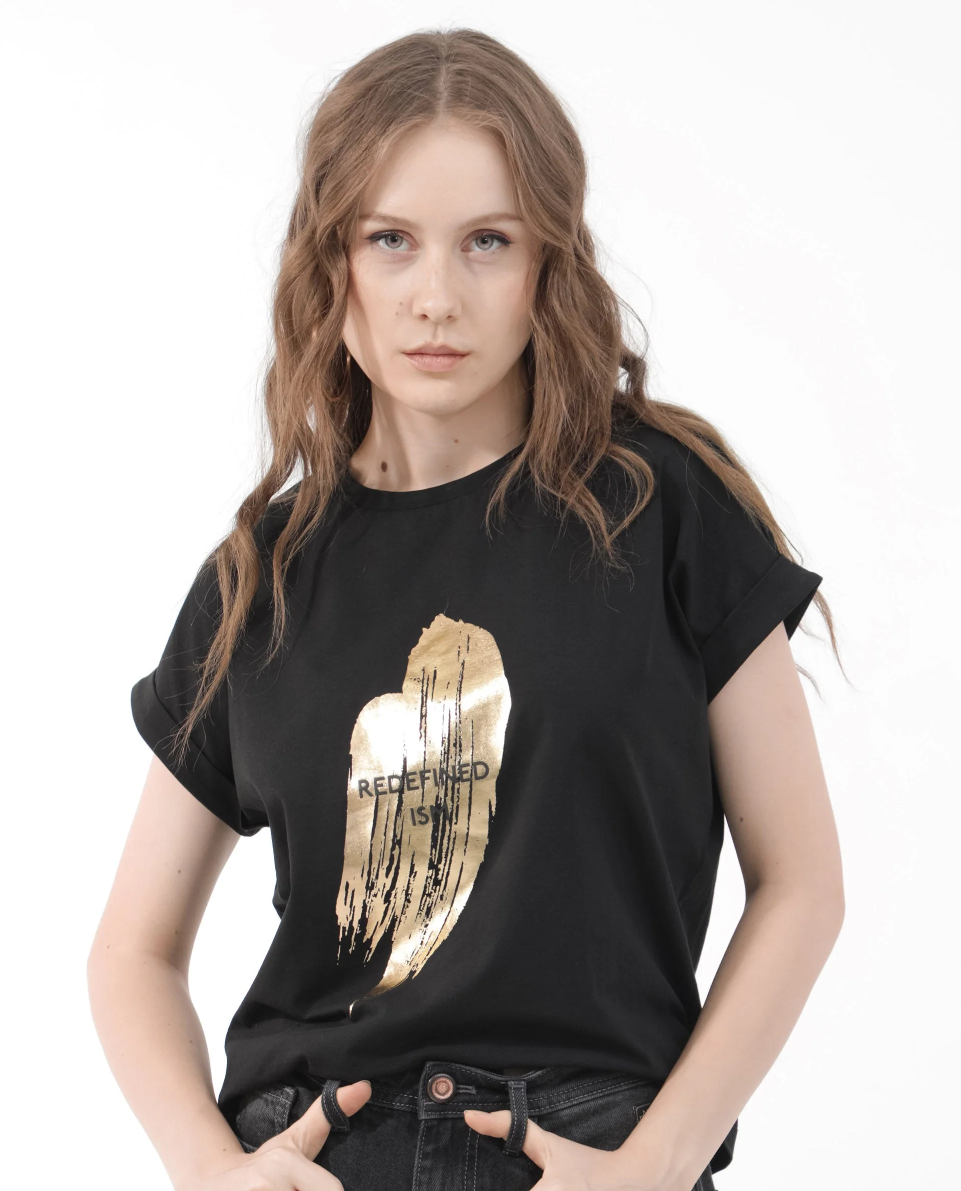 Rareism Women's Trident Black Cotton Blend Crew Neck Graphic Print Extended Sleeves Regular Fit T-Shirt