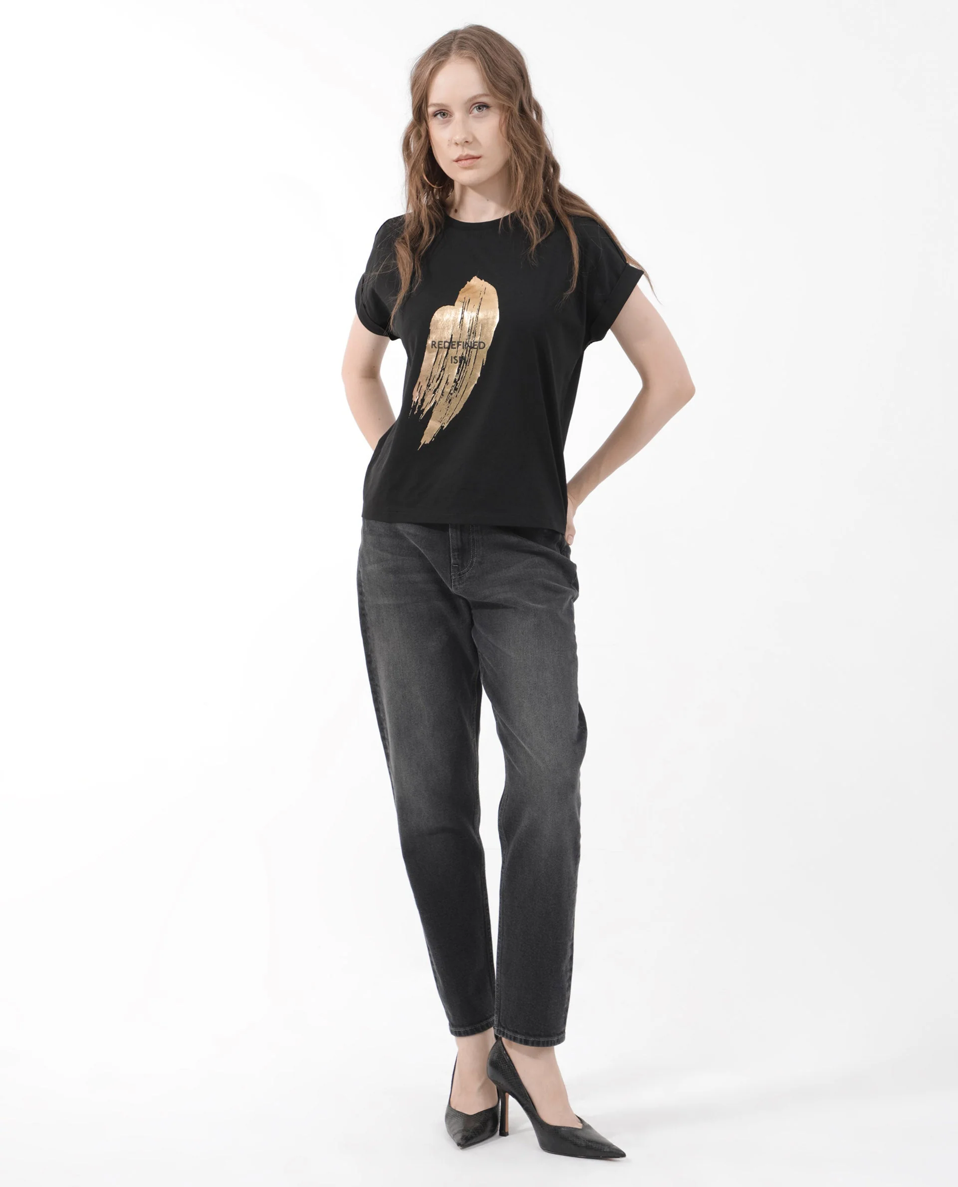 Rareism Women's Trident Black Cotton Blend Crew Neck Graphic Print Extended Sleeves Regular Fit T-Shirt - Image 2