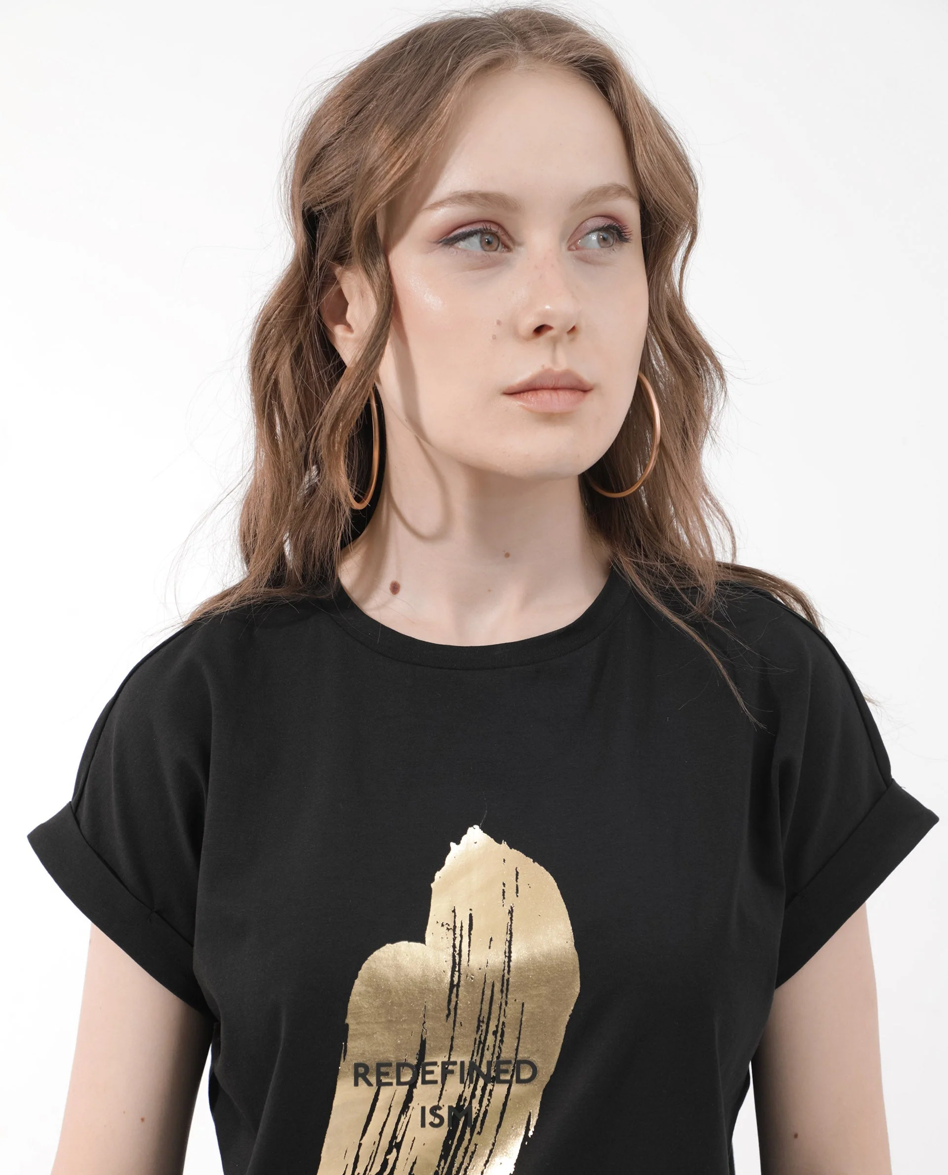 Rareism Women's Trident Black Cotton Blend Crew Neck Graphic Print Extended Sleeves Regular Fit T-Shirt - Image 3