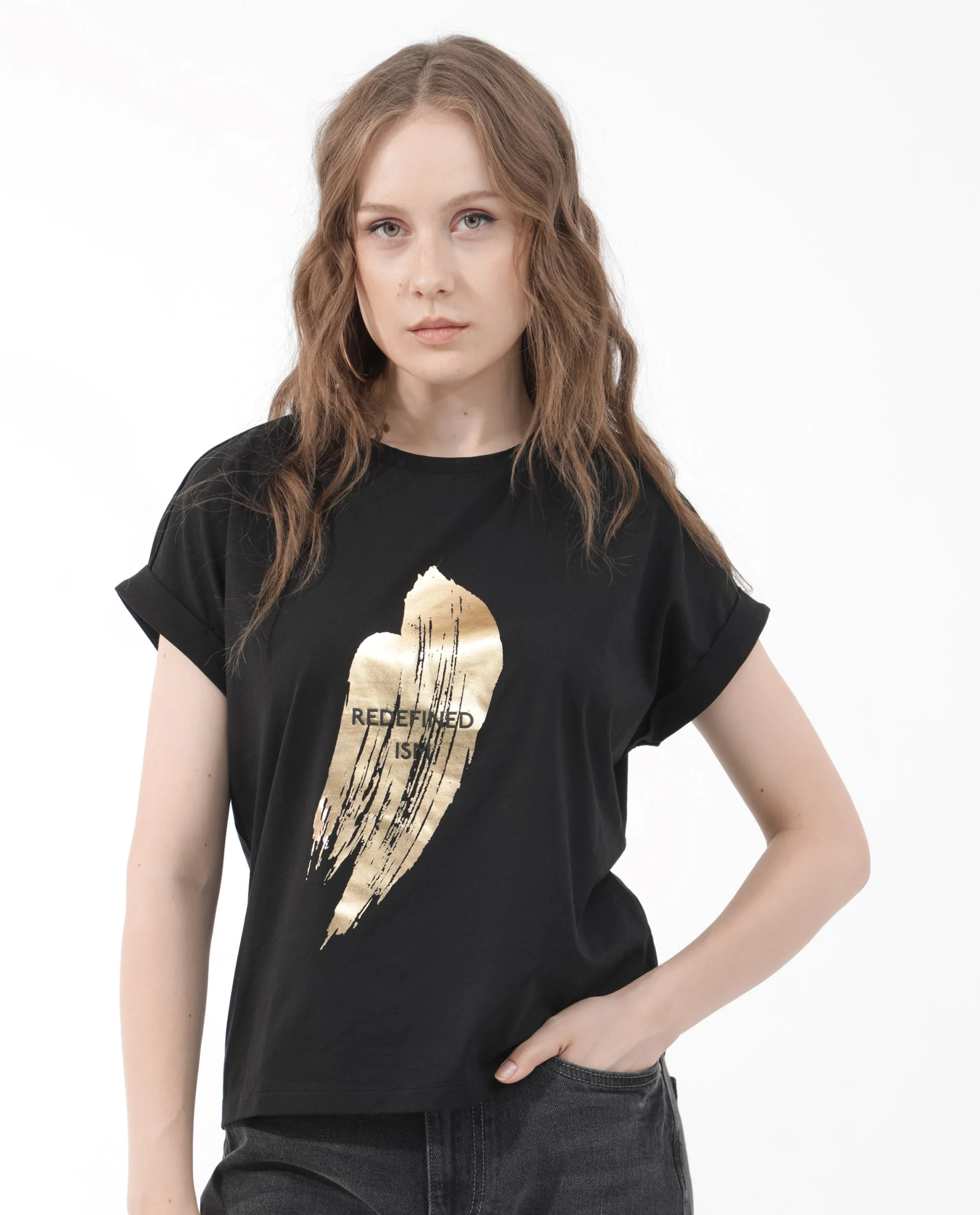 Rareism Women's Trident Black Cotton Blend Crew Neck Graphic Print Extended Sleeves Regular Fit T-Shirt - Image 4