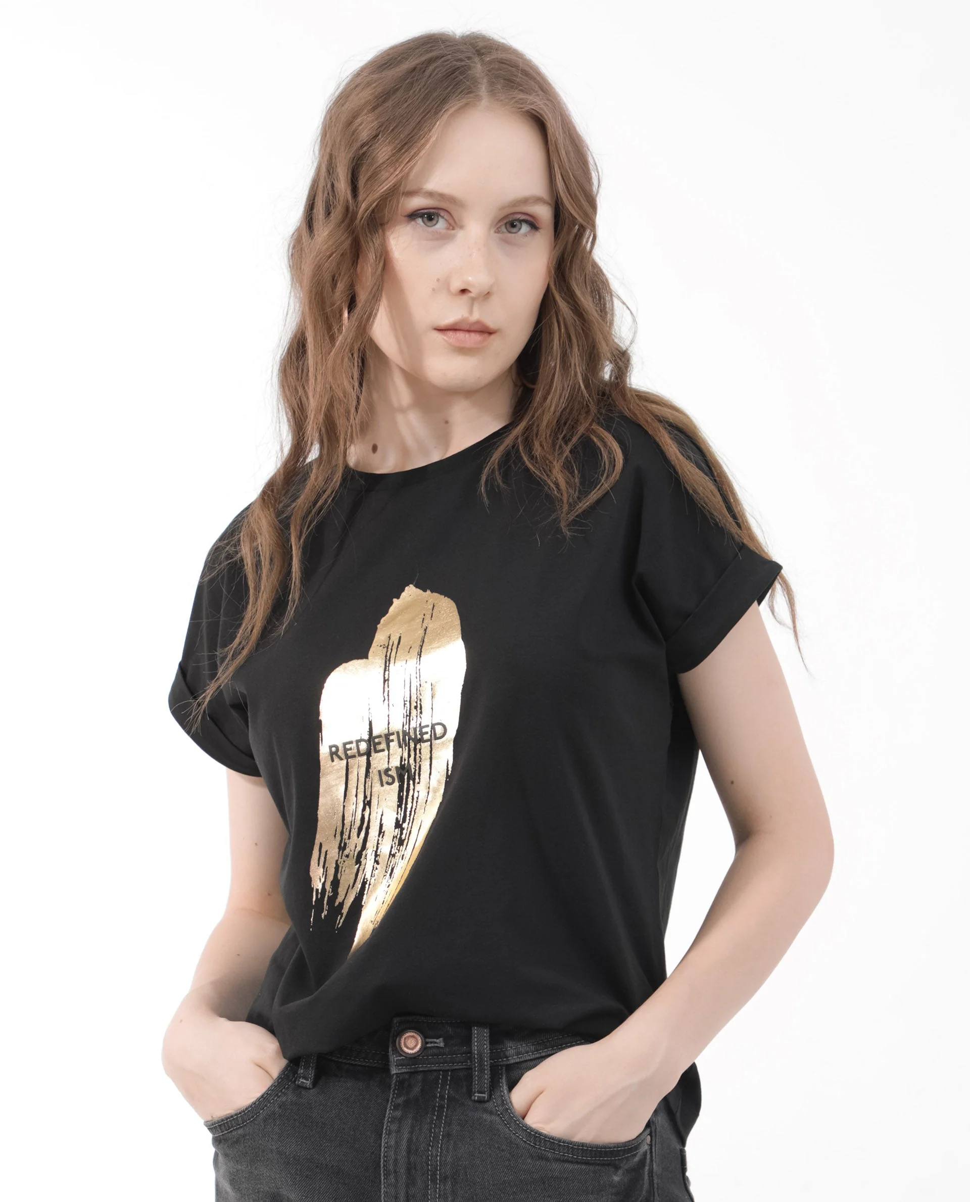 Rareism Women's Trident Black Cotton Blend Crew Neck Graphic Print Extended Sleeves Regular Fit T-Shirt - Image 5