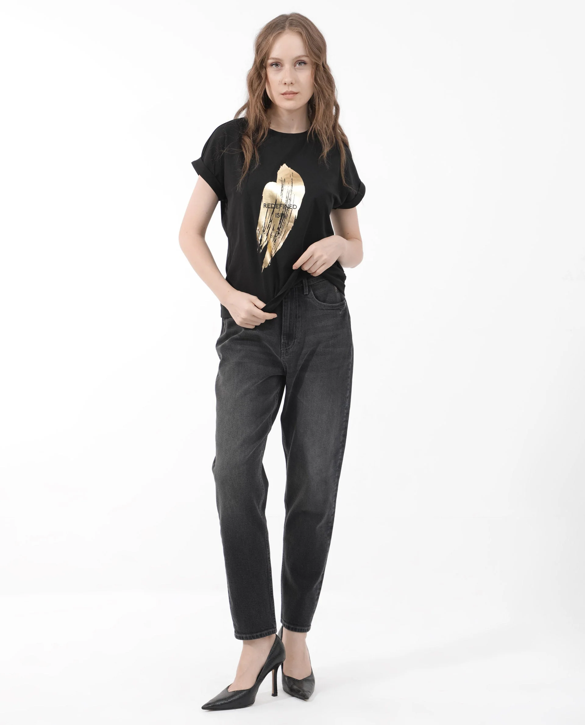 Rareism Women's Trident Black Cotton Blend Crew Neck Graphic Print Extended Sleeves Regular Fit T-Shirt - Image 6