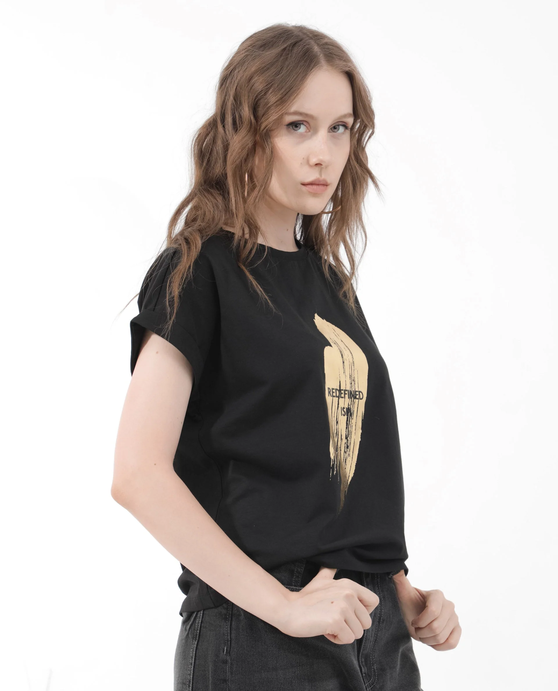 Rareism Women's Trident Black Cotton Blend Crew Neck Graphic Print Extended Sleeves Regular Fit T-Shirt - Image 7