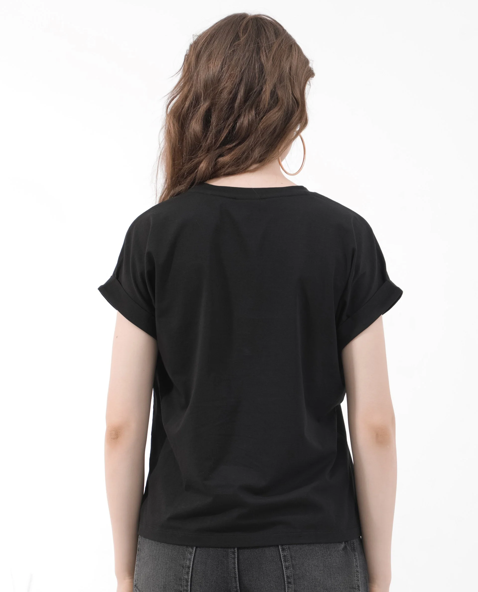 Rareism Women's Trident Black Cotton Blend Crew Neck Graphic Print Extended Sleeves Regular Fit T-Shirt - Image 9