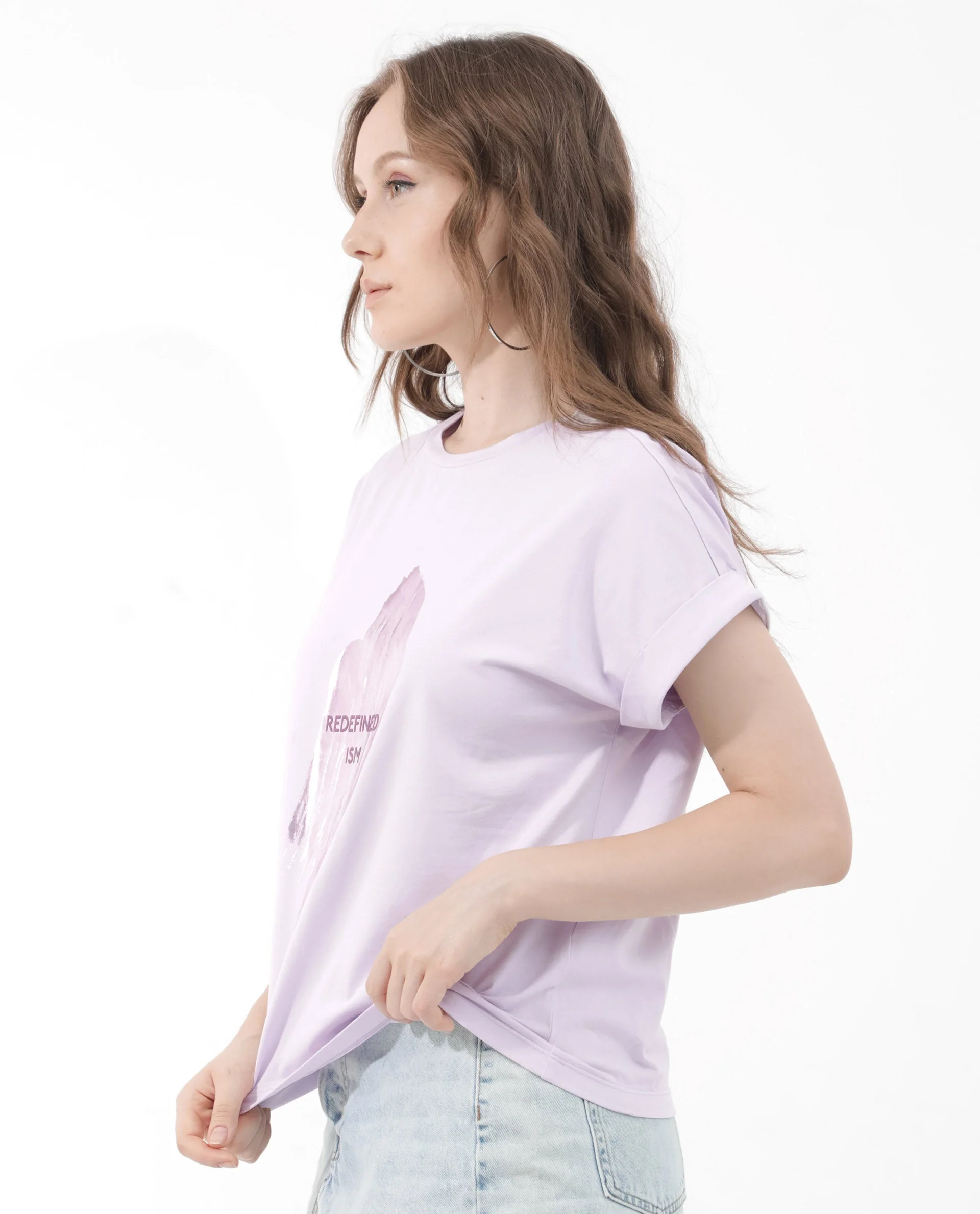 Rareism Women's Trident Pastel Purple Cotton Blend Crew Neck Graphic Print Extended Sleeves Regular Fit T-Shirt - Image 11