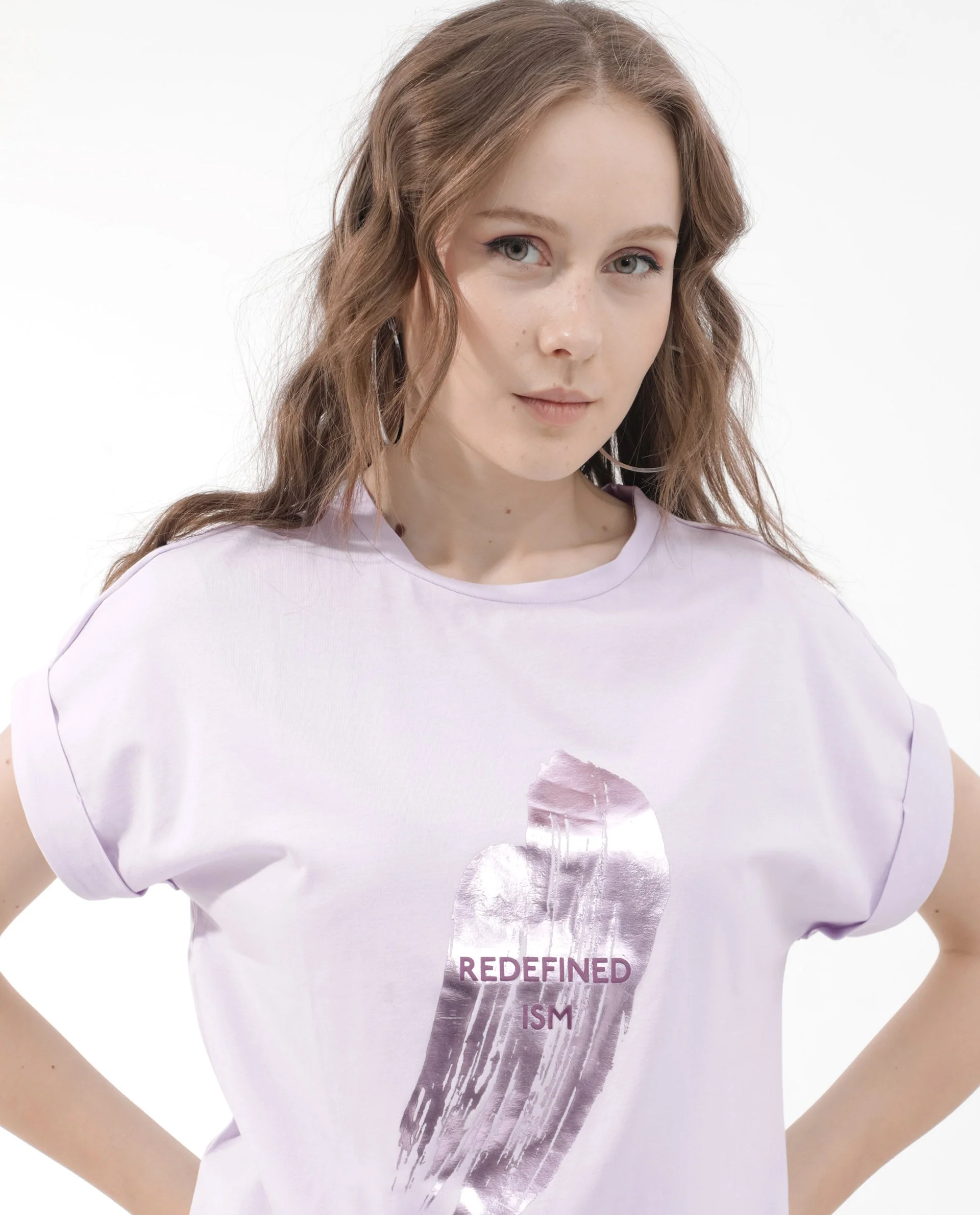 Rareism Women's Trident Pastel Purple Cotton Blend Crew Neck Graphic Print Extended Sleeves Regular Fit T-Shirt - Image 12
