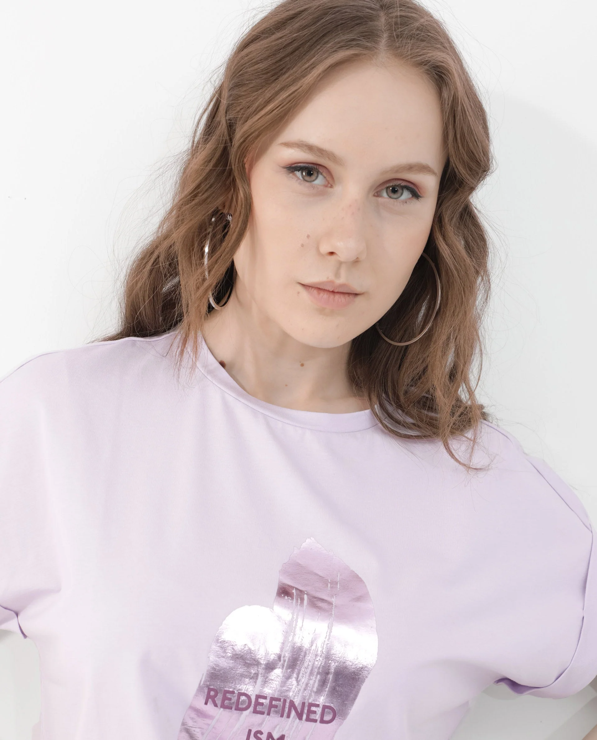 Rareism Women's Trident Pastel Purple Cotton Blend Crew Neck Graphic Print Extended Sleeves Regular Fit T-Shirt - Image 2