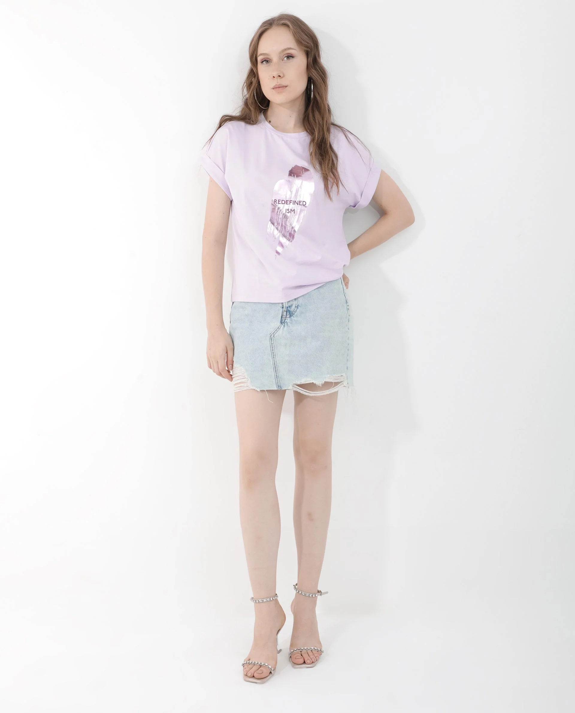 Rareism Women's Trident Pastel Purple Cotton Blend Crew Neck Graphic Print Extended Sleeves Regular Fit T-Shirt - Image 3
