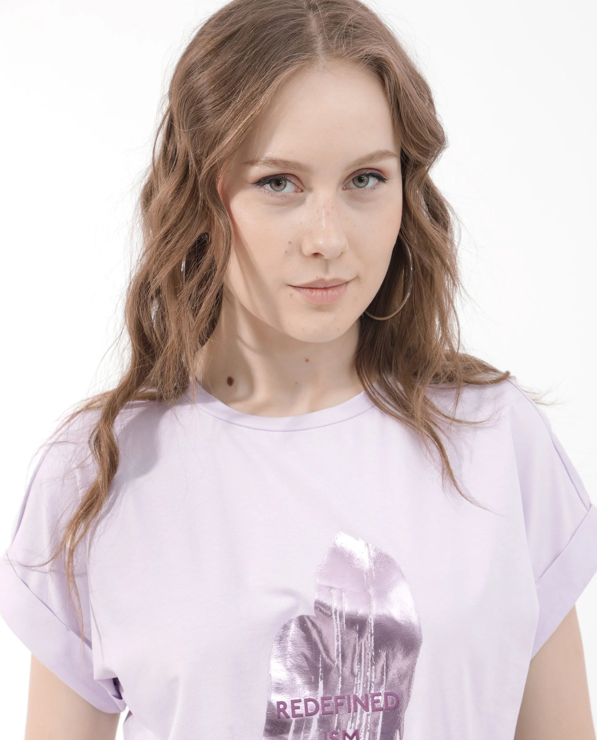 Rareism Women's Trident Pastel Purple Cotton Blend Crew Neck Graphic Print Extended Sleeves Regular Fit T-Shirt - Image 4