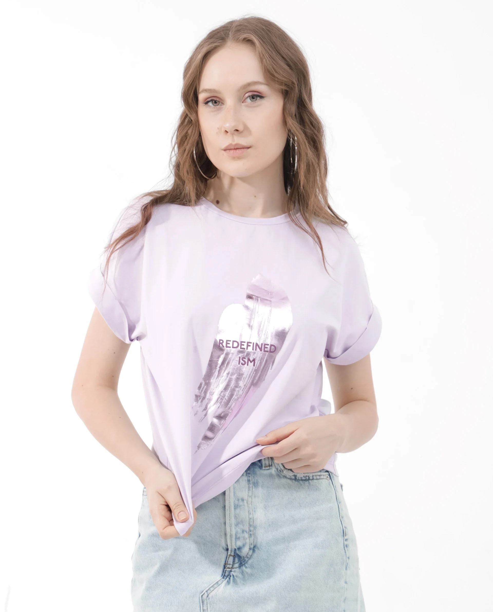 Rareism Women's Trident Pastel Purple Cotton Blend Crew Neck Graphic Print Extended Sleeves Regular Fit T-Shirt - Image 5
