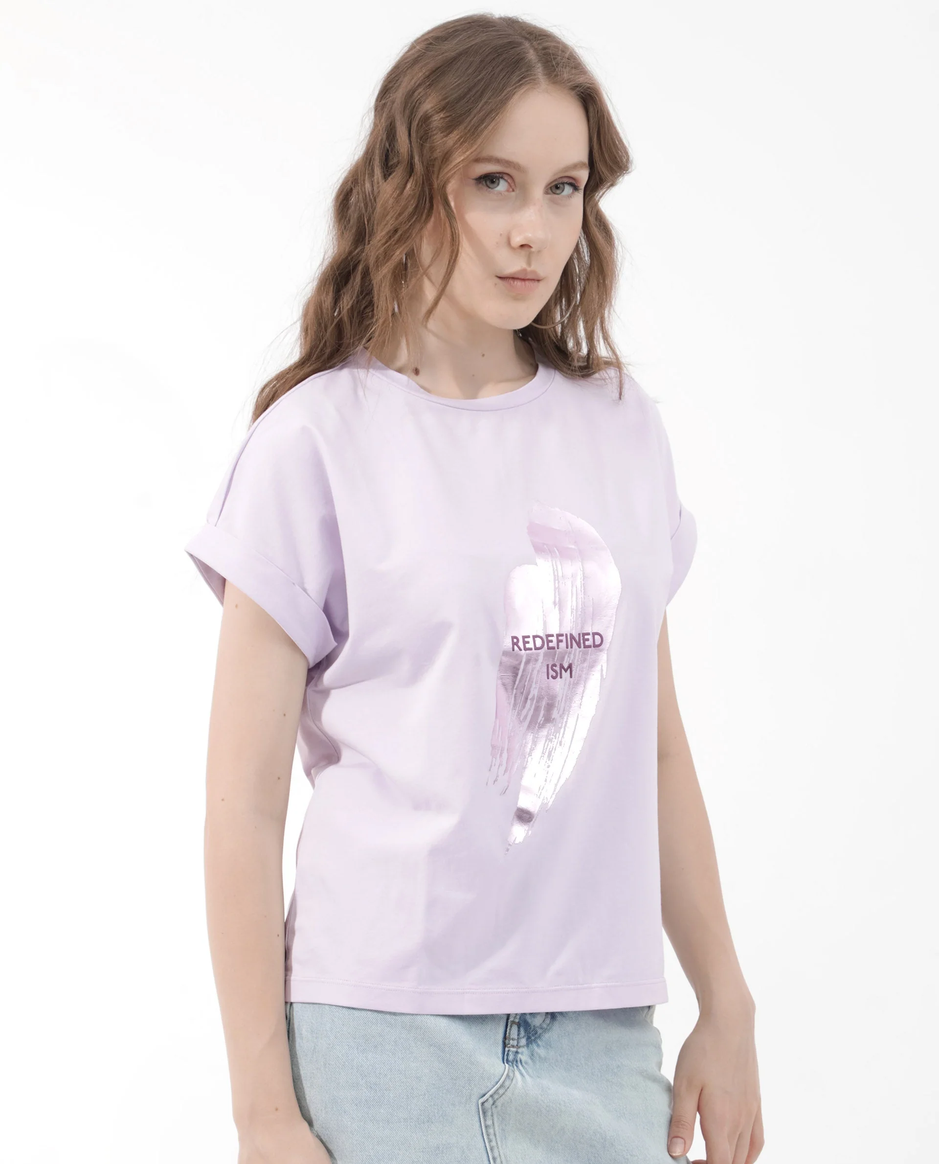 Rareism Women's Trident Pastel Purple Cotton Blend Crew Neck Graphic Print Extended Sleeves Regular Fit T-Shirt - Image 7