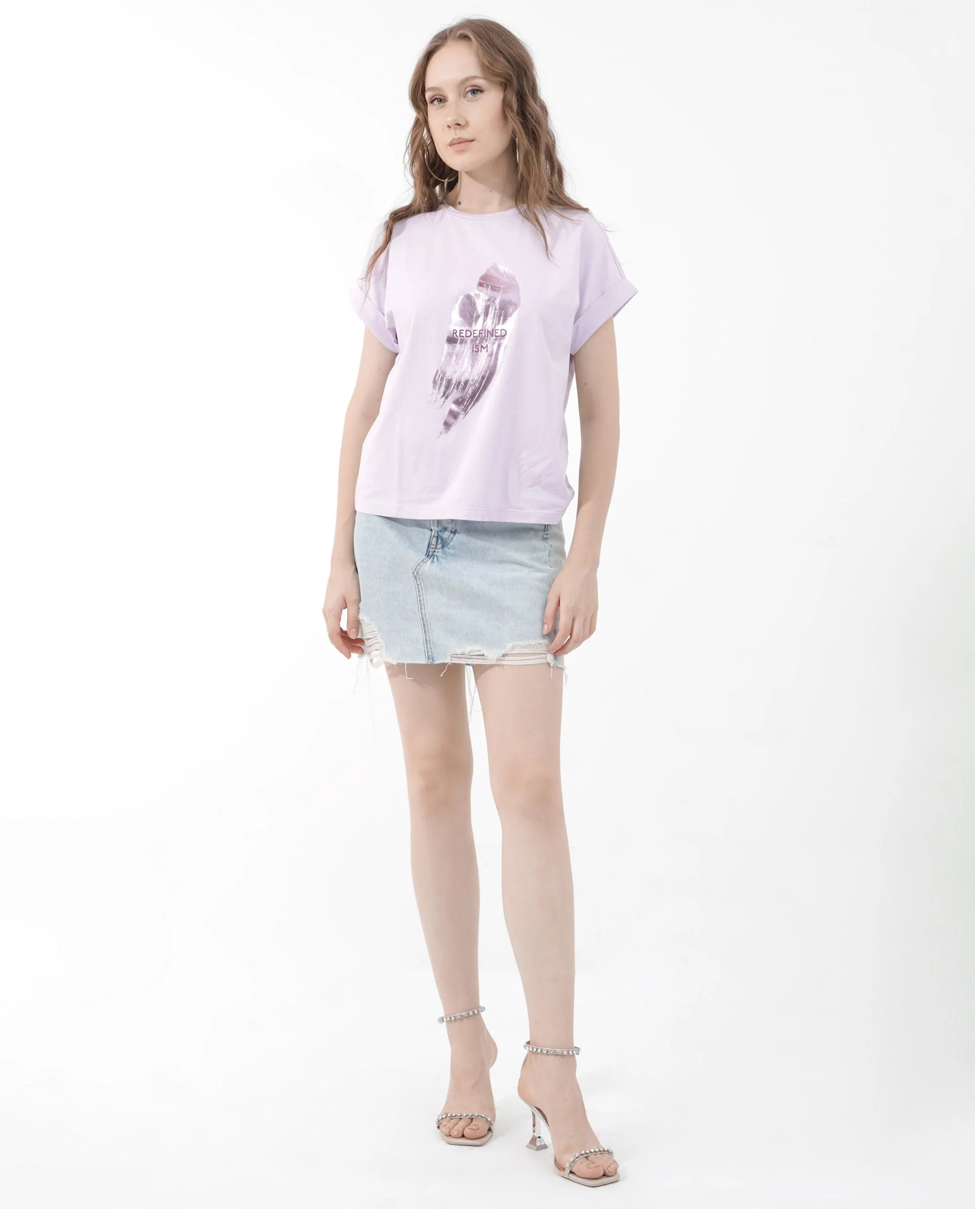 Rareism Women's Trident Pastel Purple Cotton Blend Crew Neck Graphic Print Extended Sleeves Regular Fit T-Shirt - Image 8