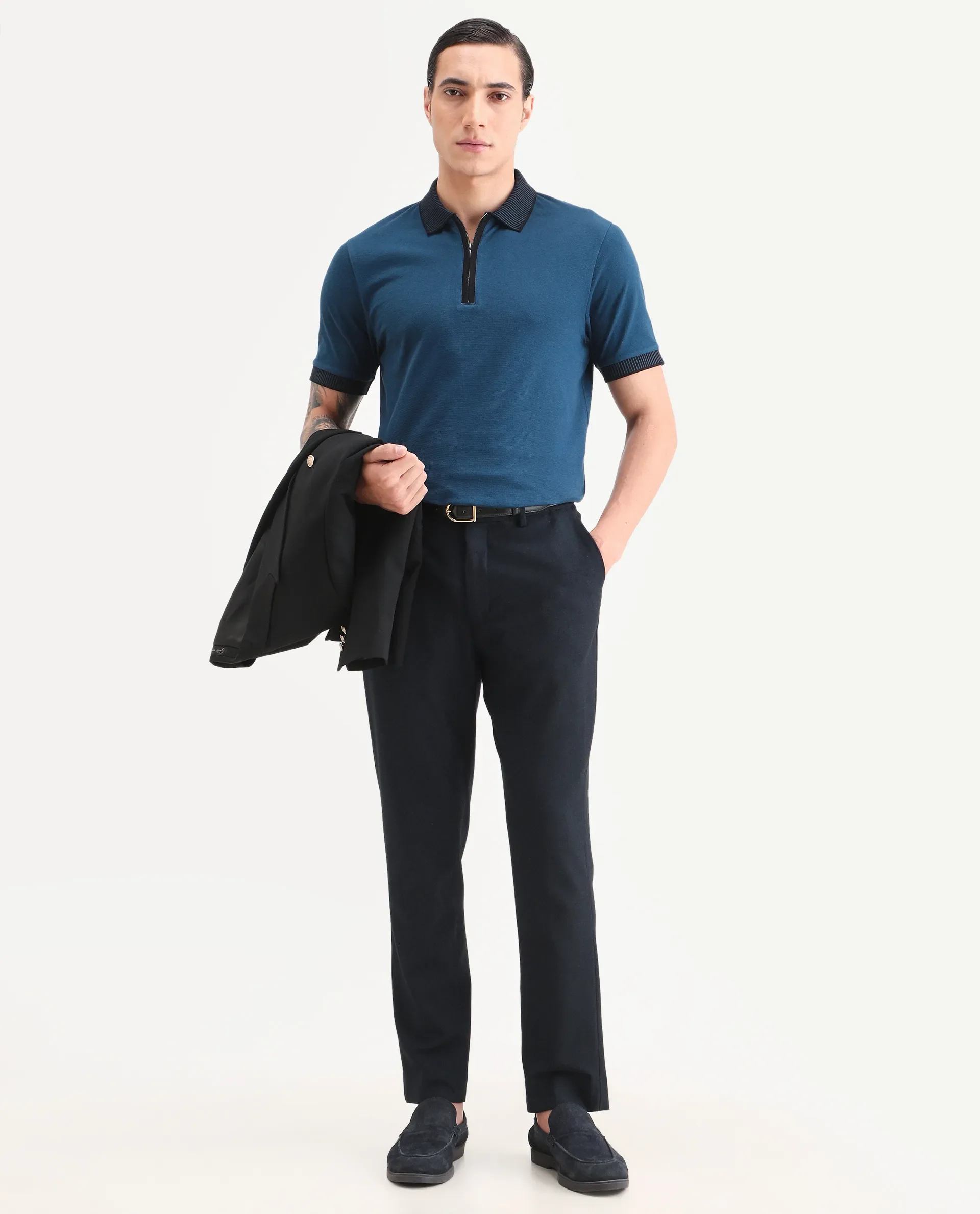 Rare Rabbit Men's Trij Blue Polyester Blend Fabric Spread Collar Regular Fit Plain Polo - Image 2