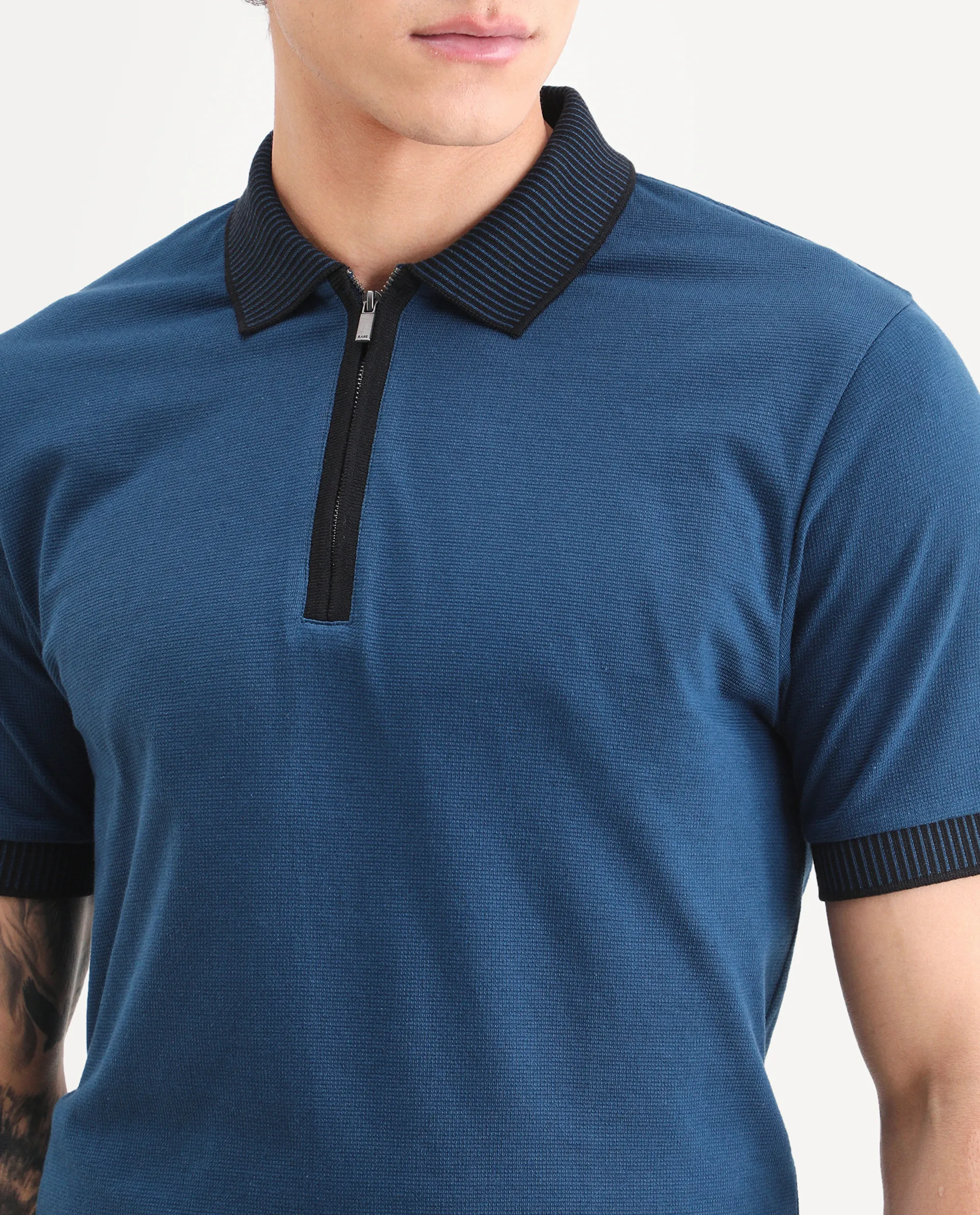 Rare Rabbit Men's Trij Blue Polyester Blend Fabric Spread Collar Regular Fit Plain Polo - Image 3