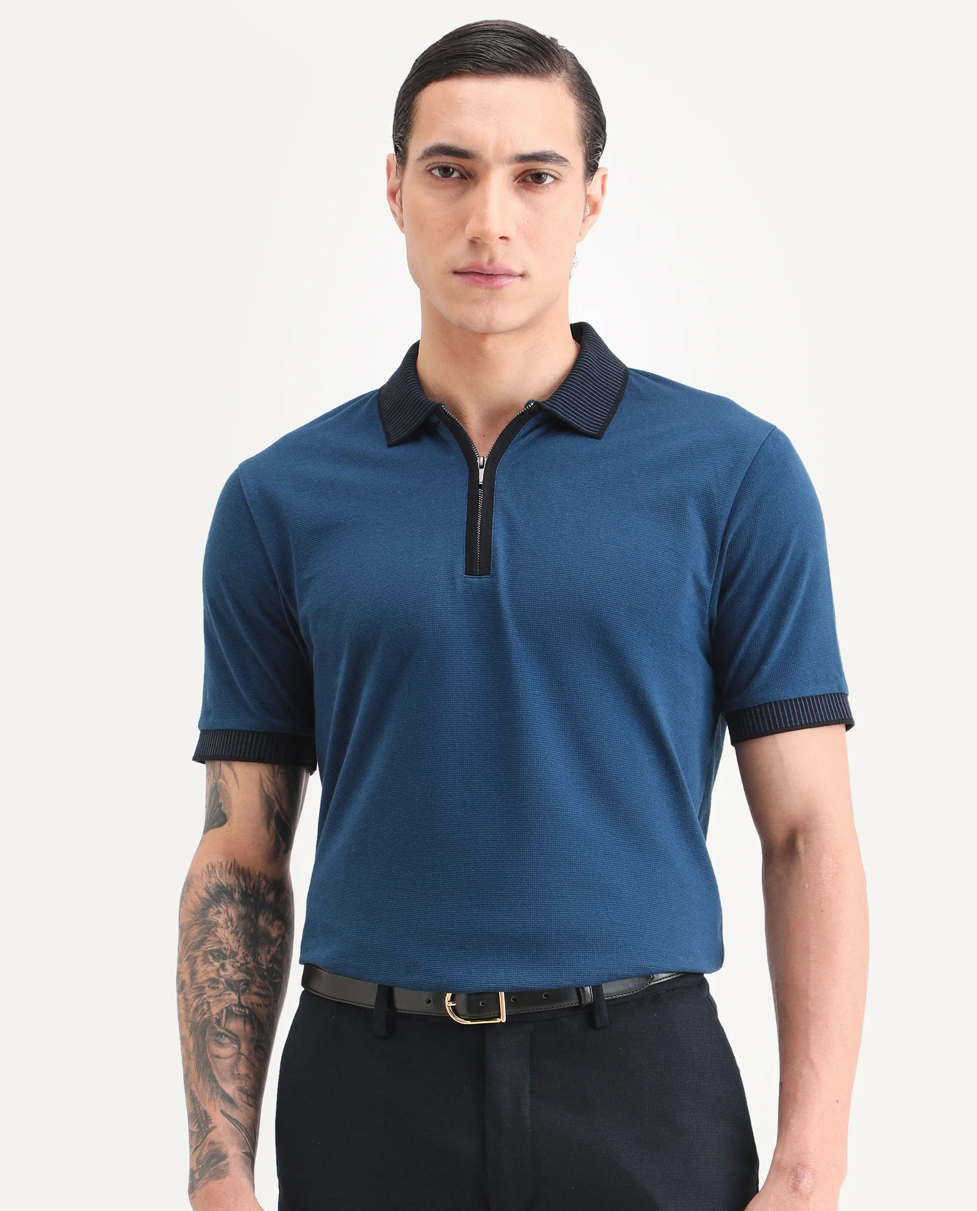 Rare Rabbit Men's Trij Blue Polyester Blend Fabric Spread Collar Regular Fit Plain Polo - Image 4
