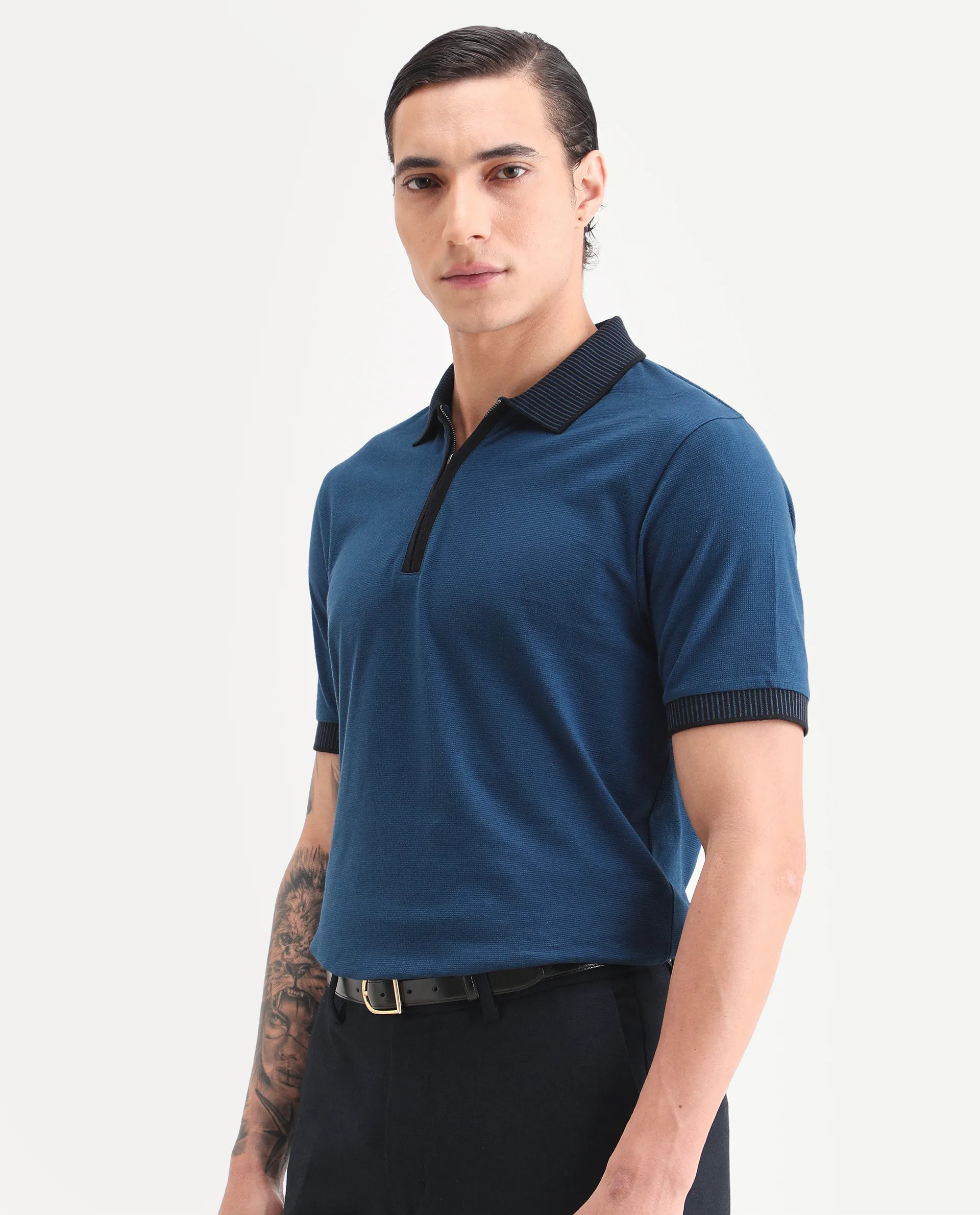 Rare Rabbit Men's Trij Blue Polyester Blend Fabric Spread Collar Regular Fit Plain Polo - Image 5