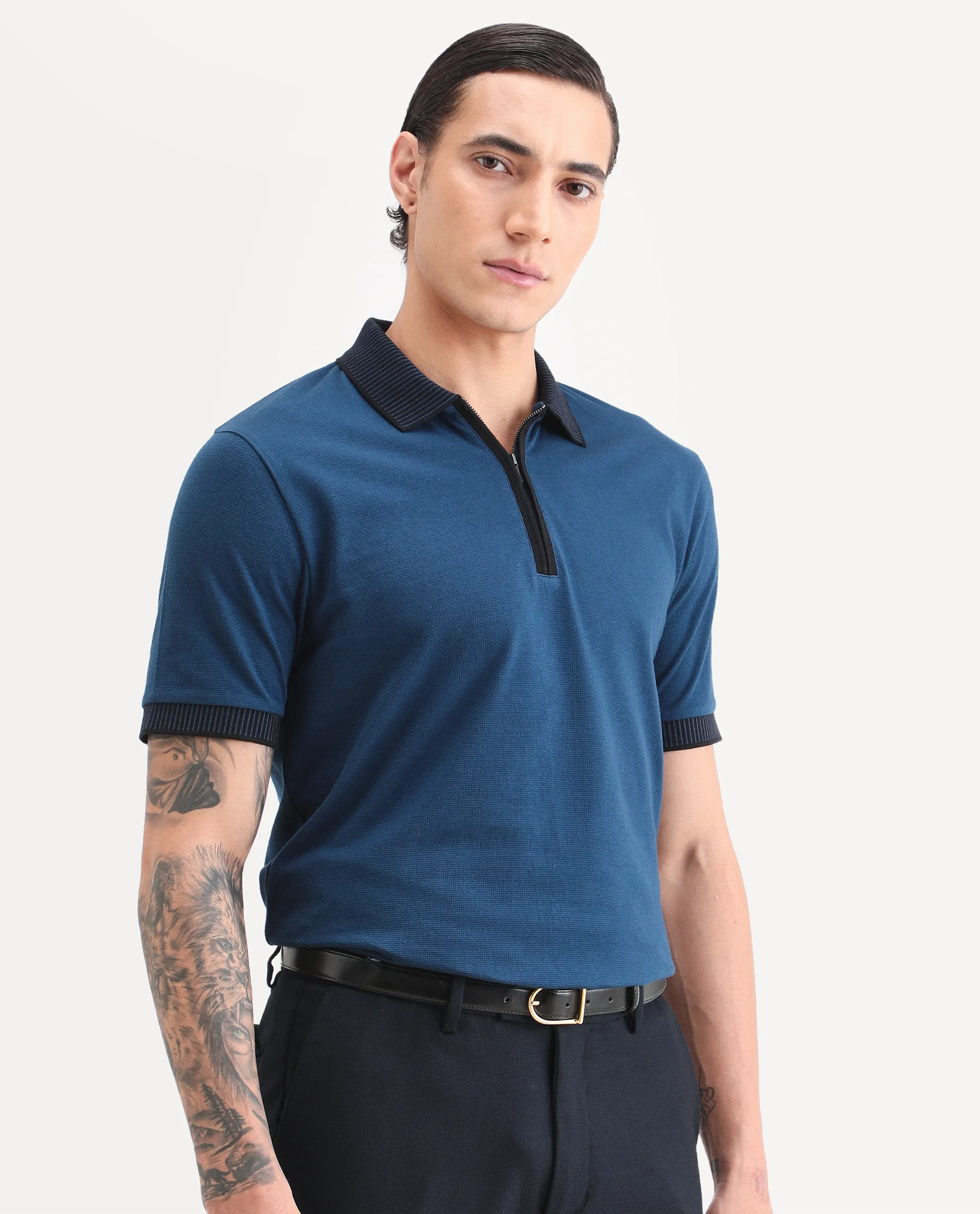 Rare Rabbit Men's Trij Blue Polyester Blend Fabric Spread Collar Regular Fit Plain Polo - Image 6