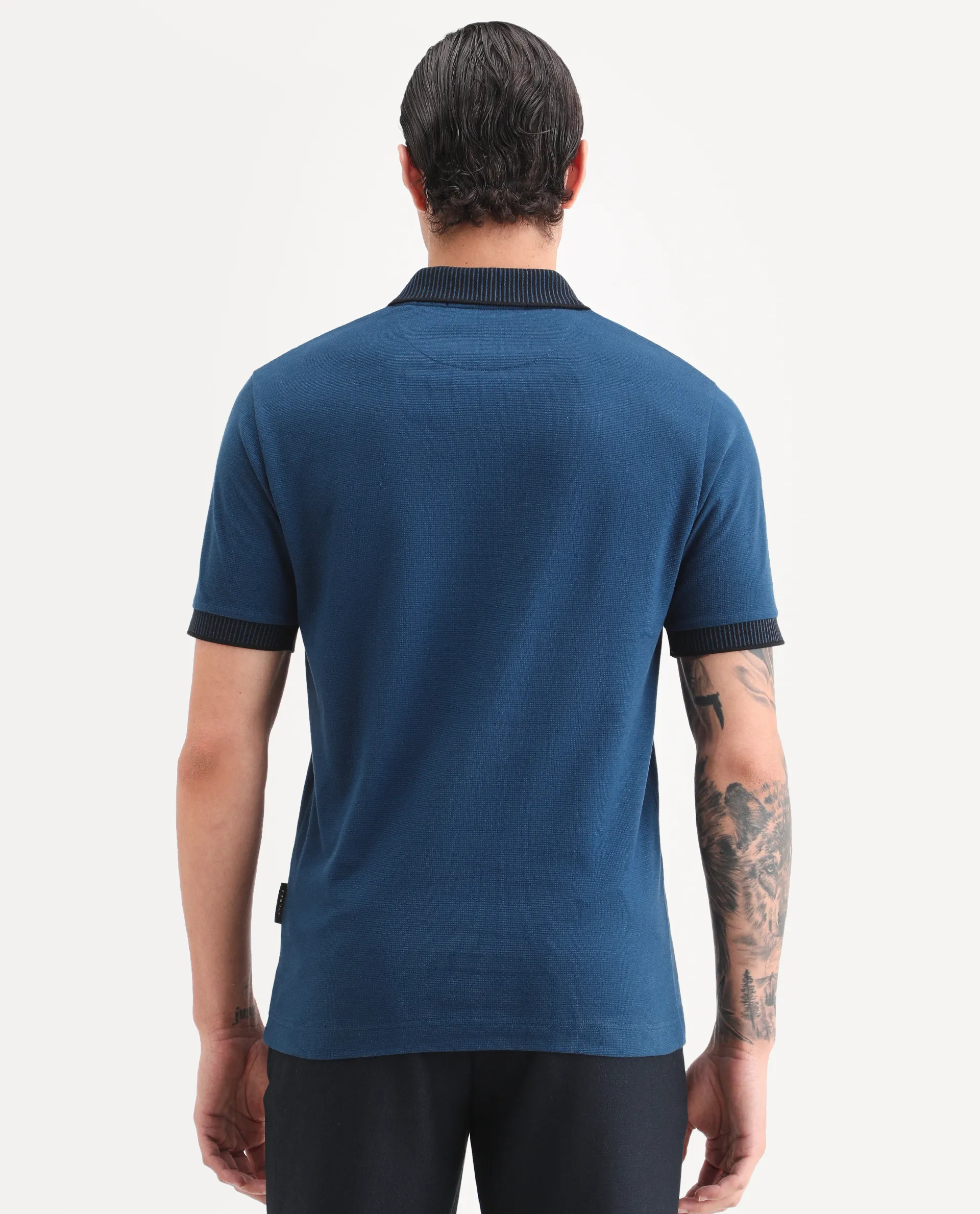 Rare Rabbit Men's Trij Blue Polyester Blend Fabric Spread Collar Regular Fit Plain Polo - Image 7