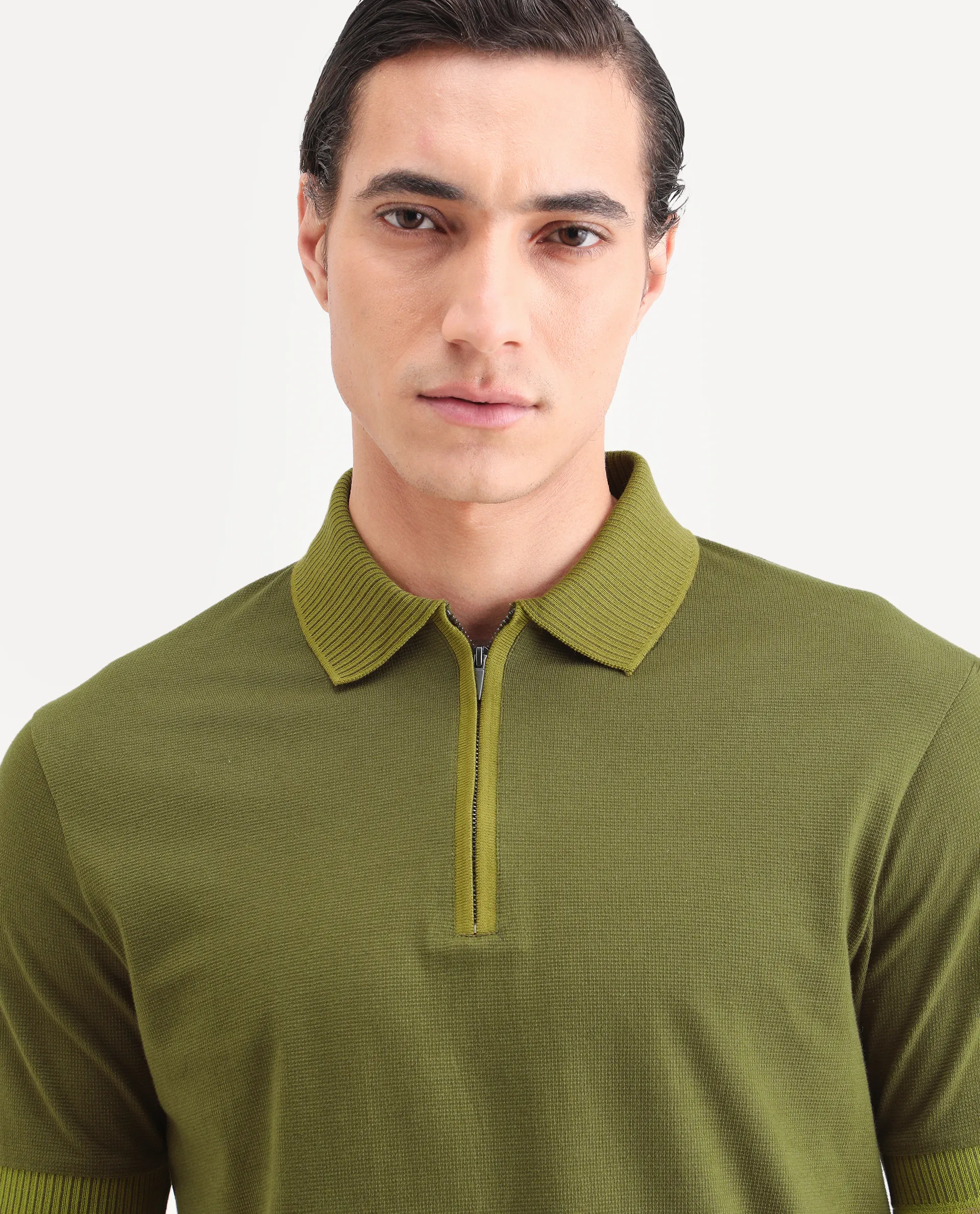 Rare Rabbit Men's Trij Olive Polyester Blend Fabric Spread Collar Regular Fit Plain Polo - Image 3