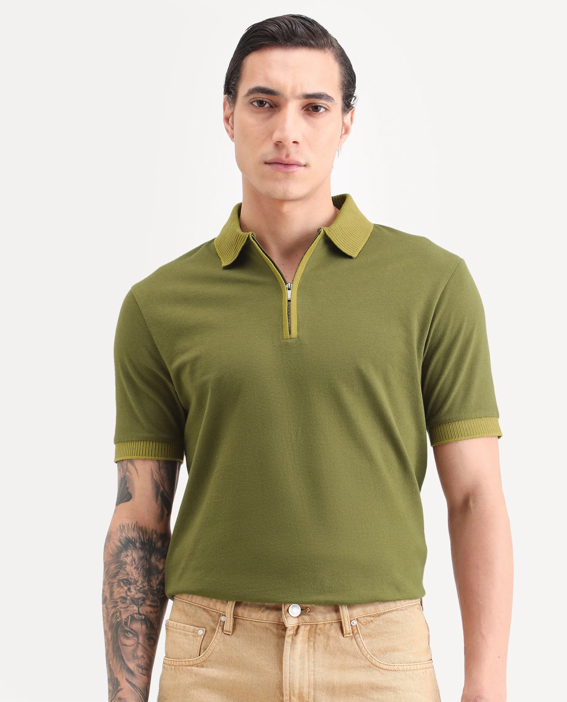 Rare Rabbit Men's Trij Olive Polyester Blend Fabric Spread Collar Regular Fit Plain Polo - Image 4