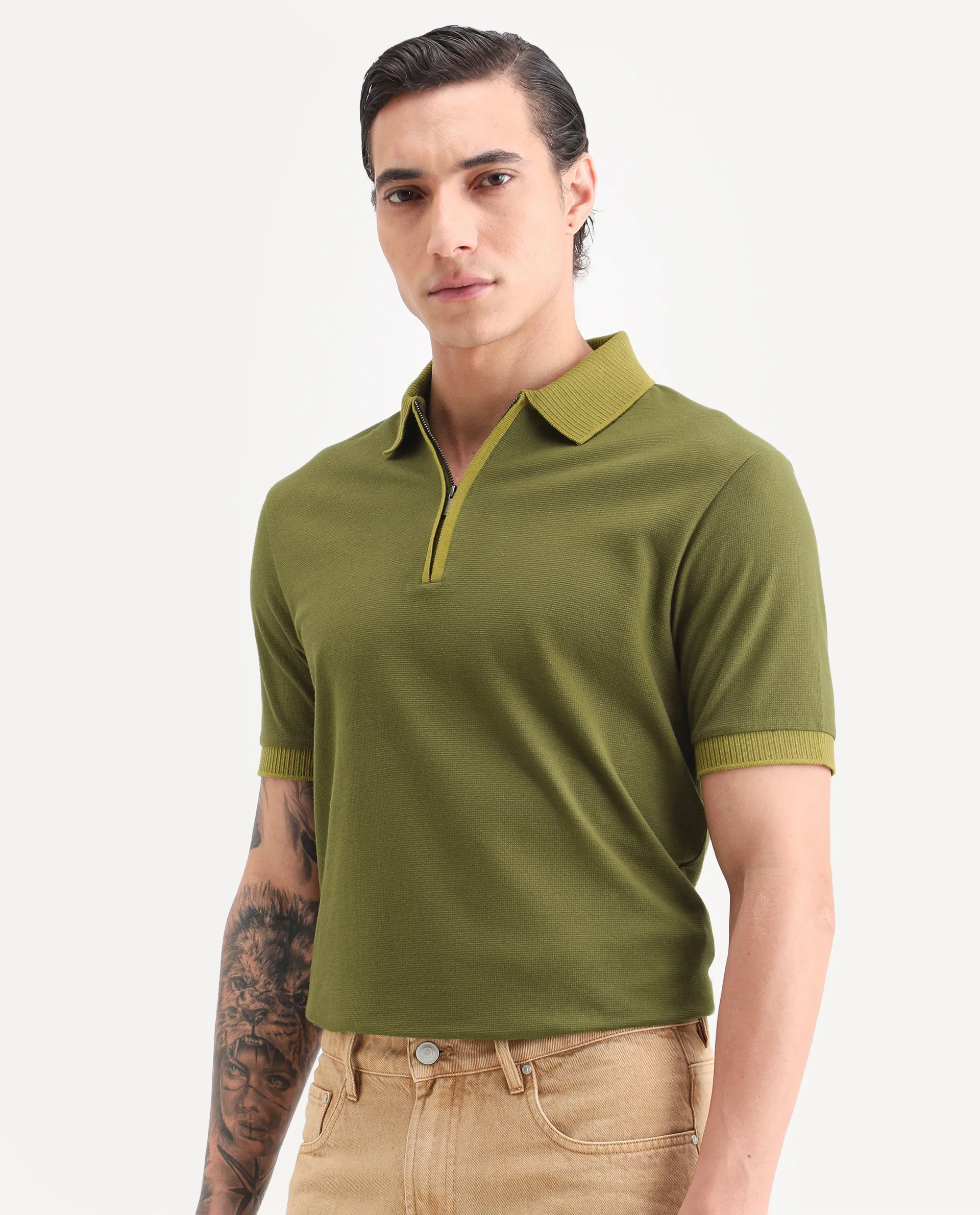 Rare Rabbit Men's Trij Olive Polyester Blend Fabric Spread Collar Regular Fit Plain Polo - Image 5