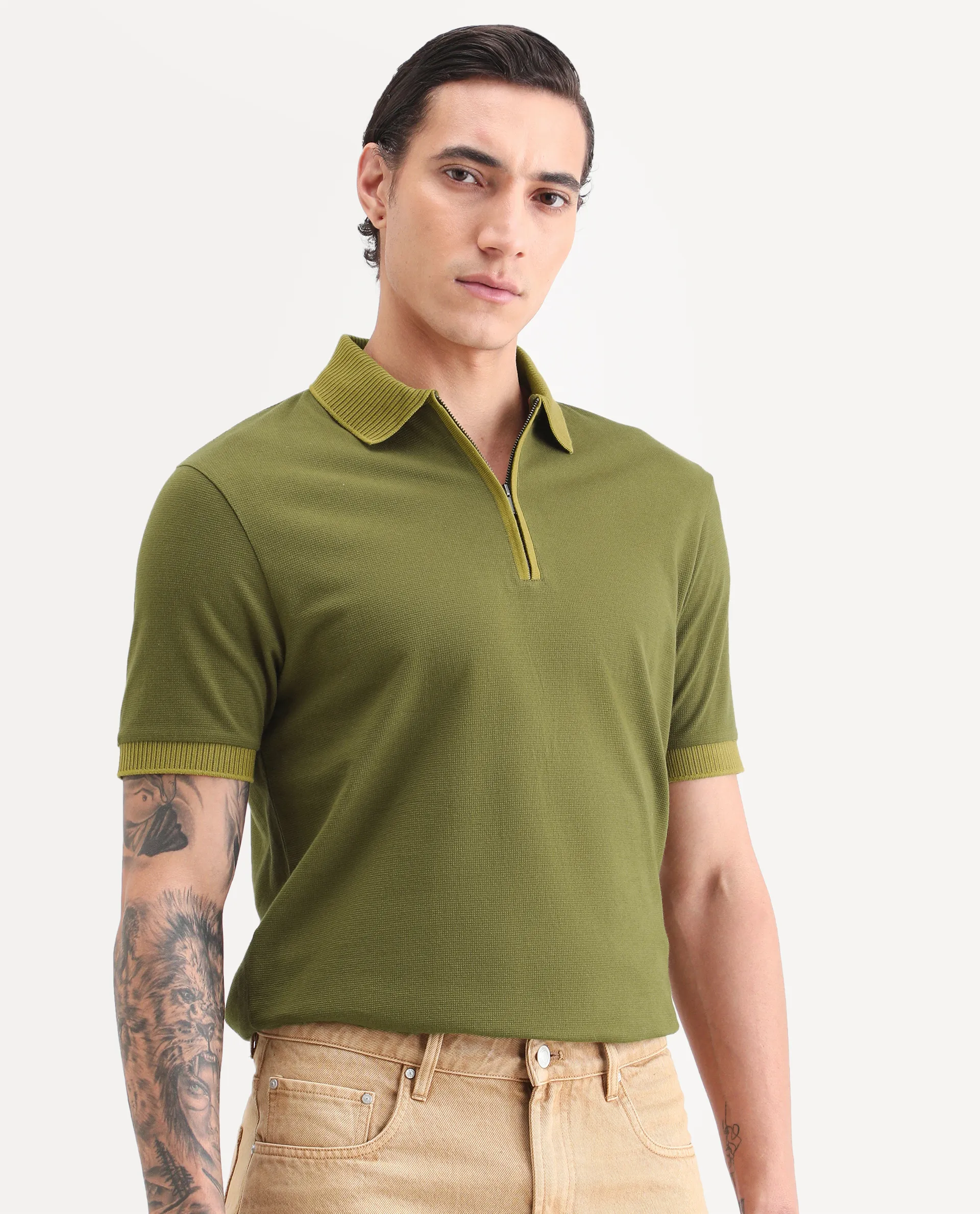 Rare Rabbit Men's Trij Olive Polyester Blend Fabric Spread Collar Regular Fit Plain Polo - Image 6