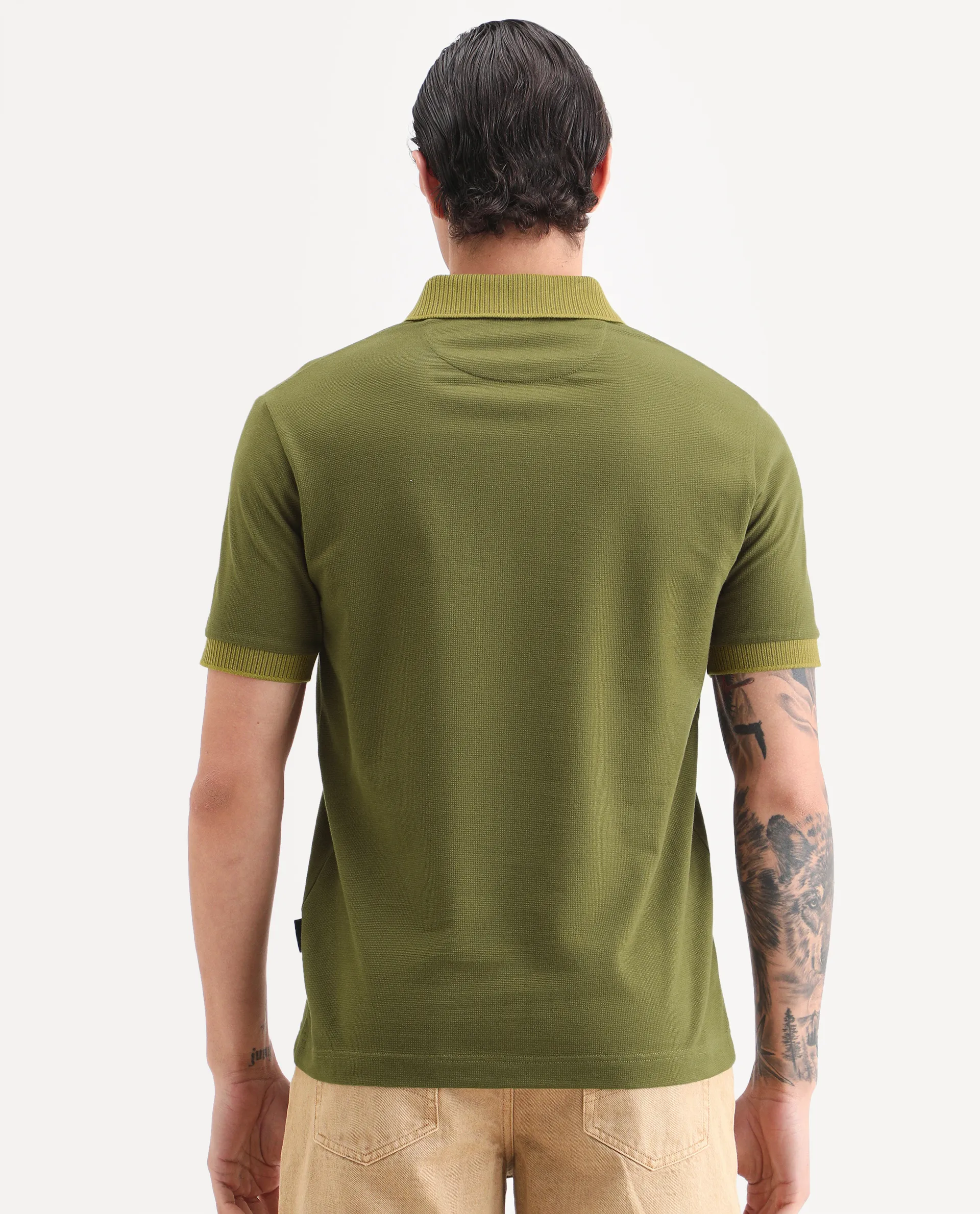 Rare Rabbit Men's Trij Olive Polyester Blend Fabric Spread Collar Regular Fit Plain Polo - Image 7