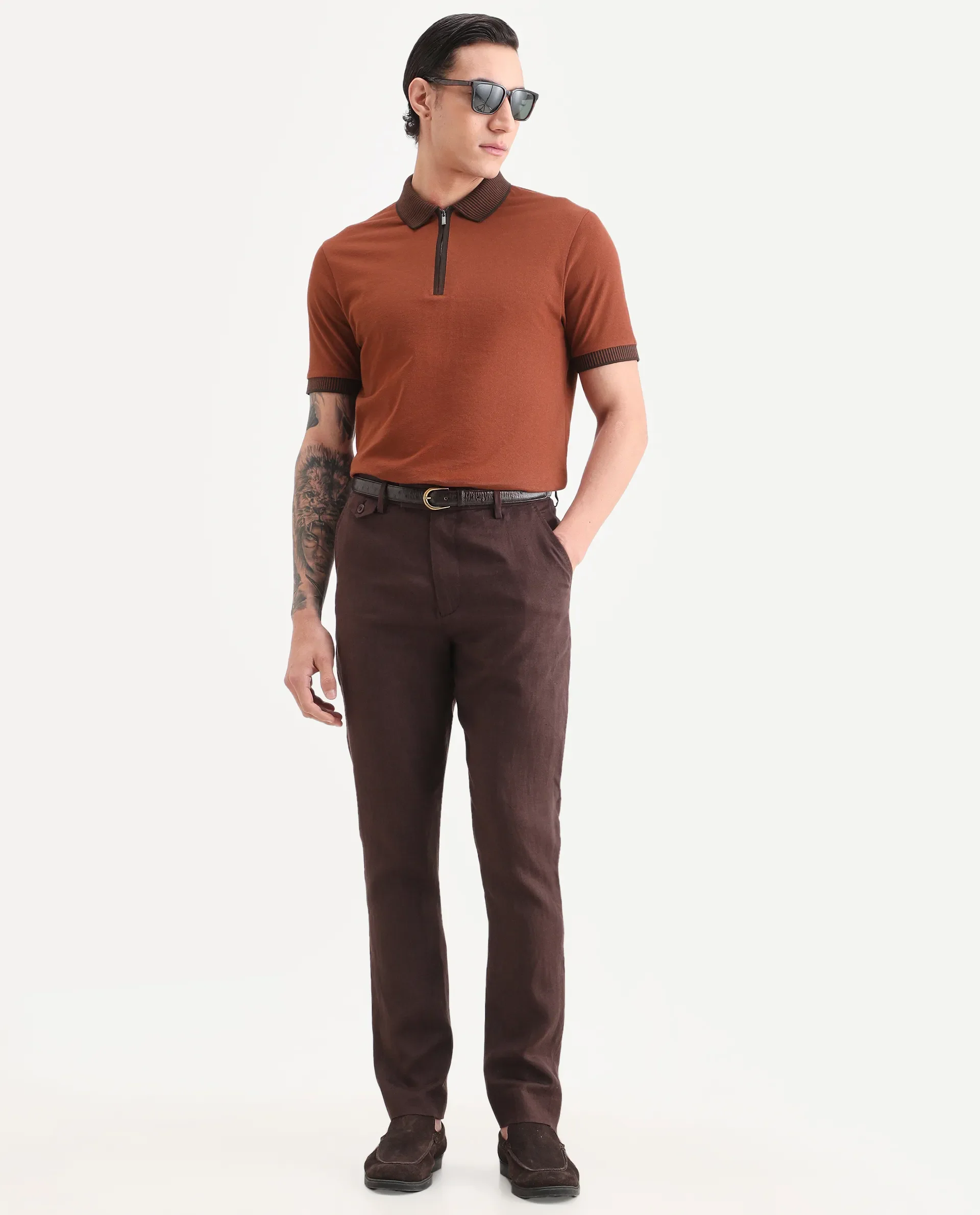 Rare Rabbit Men's Trij Rust Polyester Blend Fabric Spread Collar Regular Fit Plain Polo - Image 2