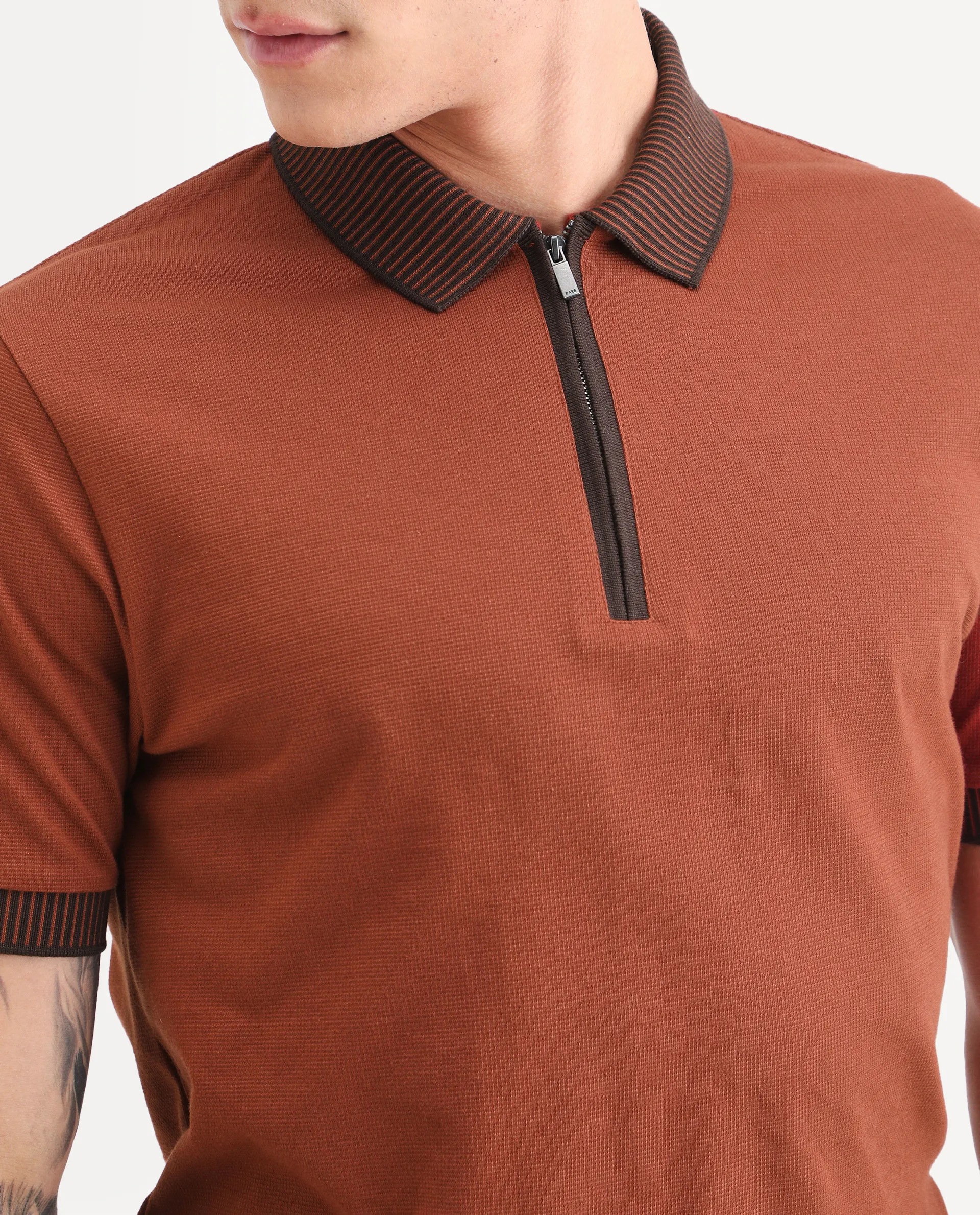 Rare Rabbit Men's Trij Rust Polyester Blend Fabric Spread Collar Regular Fit Plain Polo - Image 3