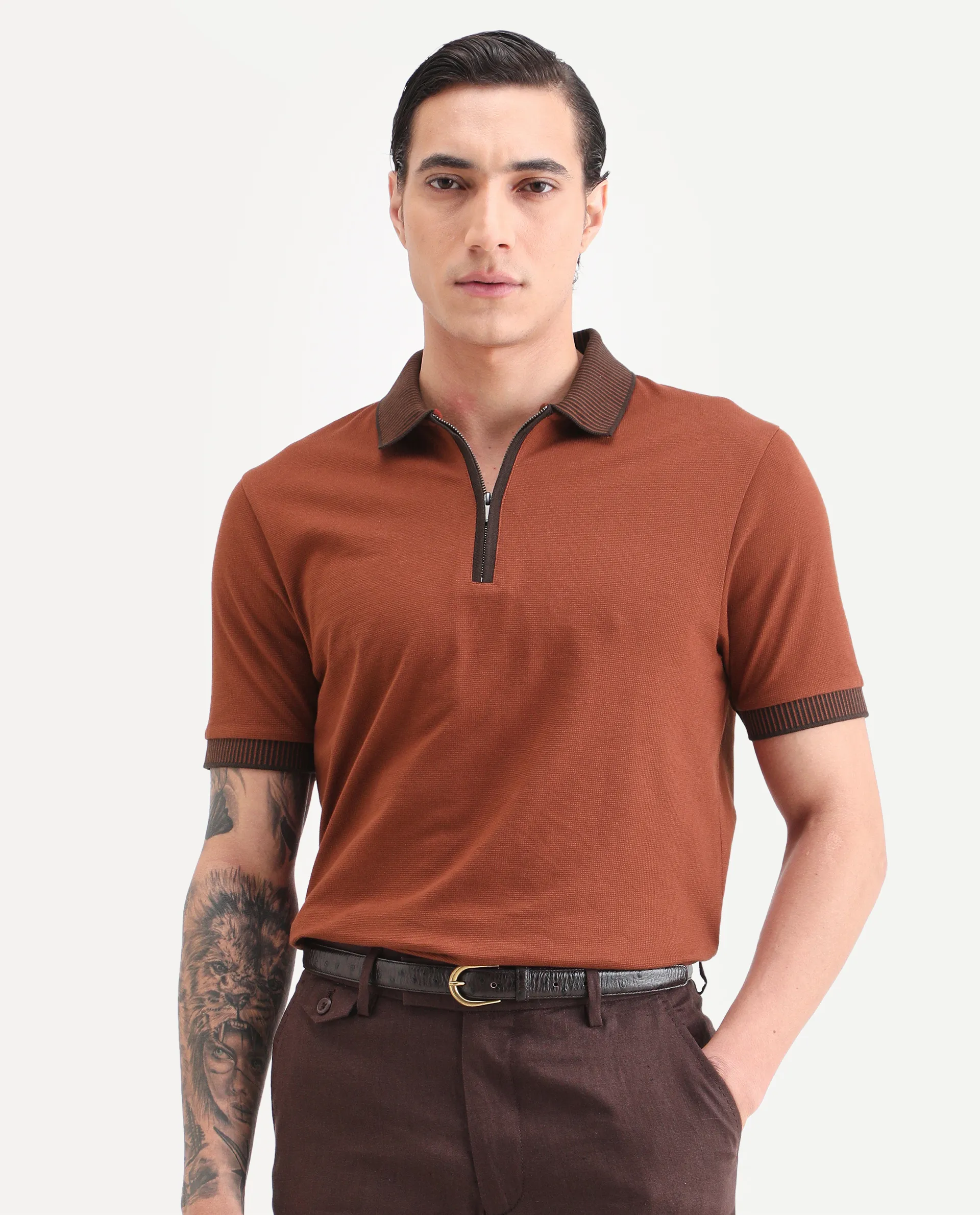 Rare Rabbit Men's Trij Rust Polyester Blend Fabric Spread Collar Regular Fit Plain Polo - Image 4