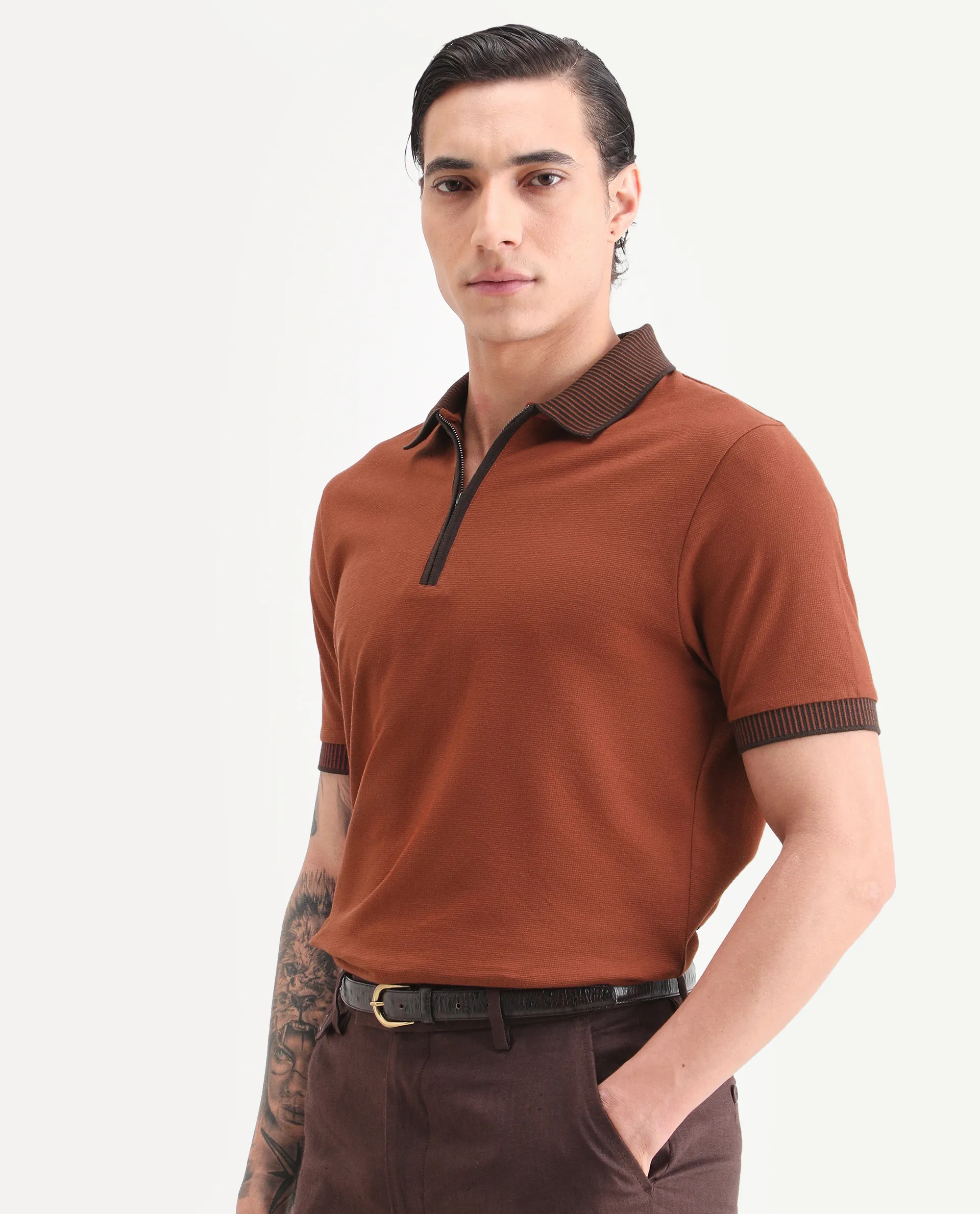 Rare Rabbit Men's Trij Rust Polyester Blend Fabric Spread Collar Regular Fit Plain Polo - Image 5
