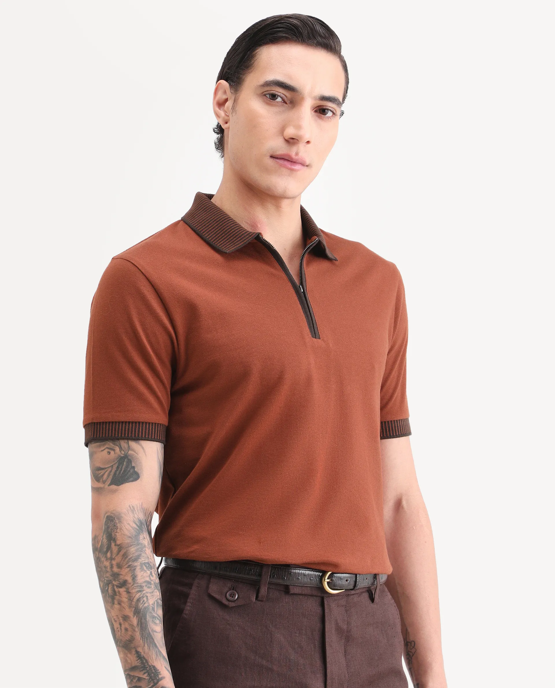 Rare Rabbit Men's Trij Rust Polyester Blend Fabric Spread Collar Regular Fit Plain Polo - Image 6