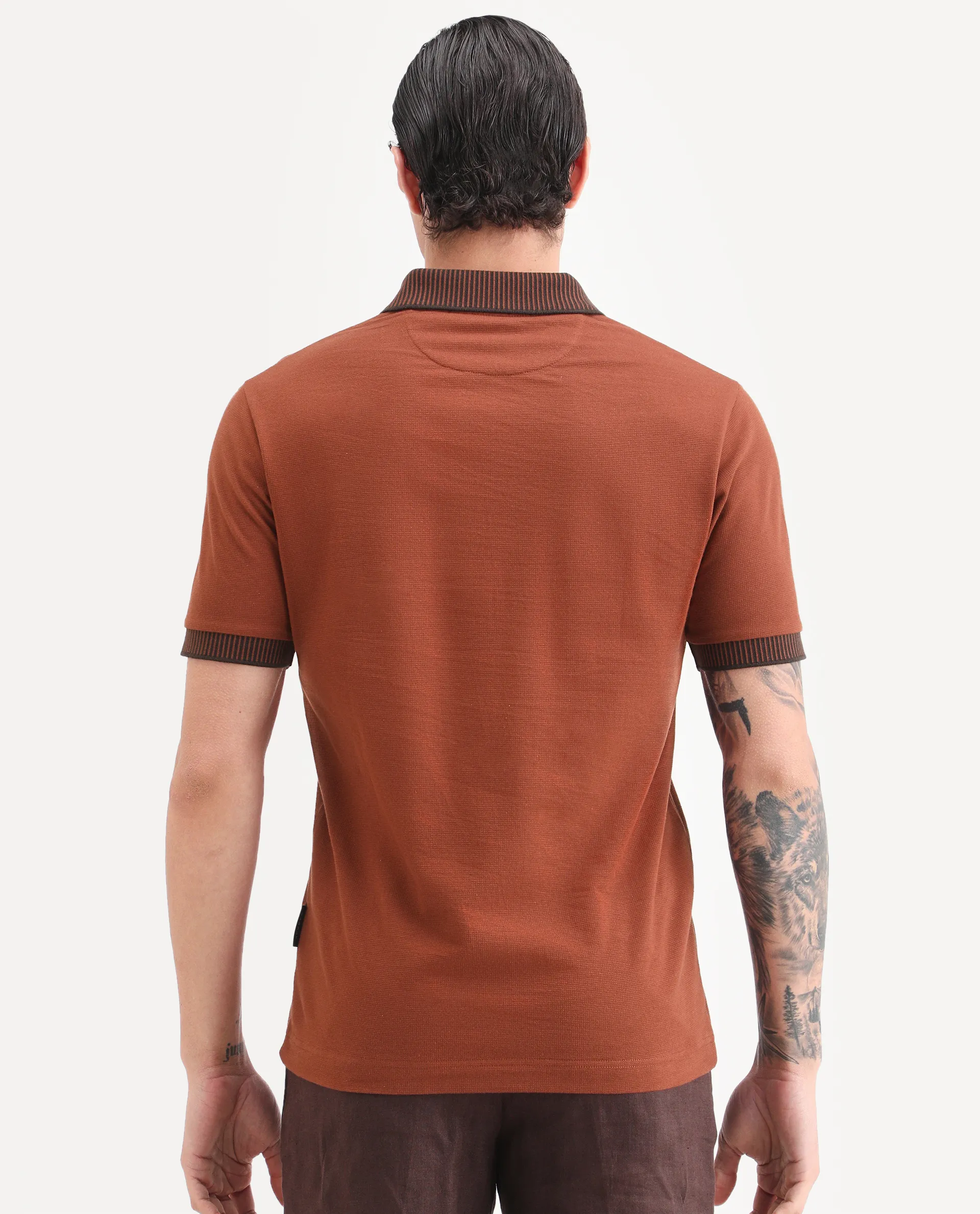 Rare Rabbit Men's Trij Rust Polyester Blend Fabric Spread Collar Regular Fit Plain Polo - Image 7